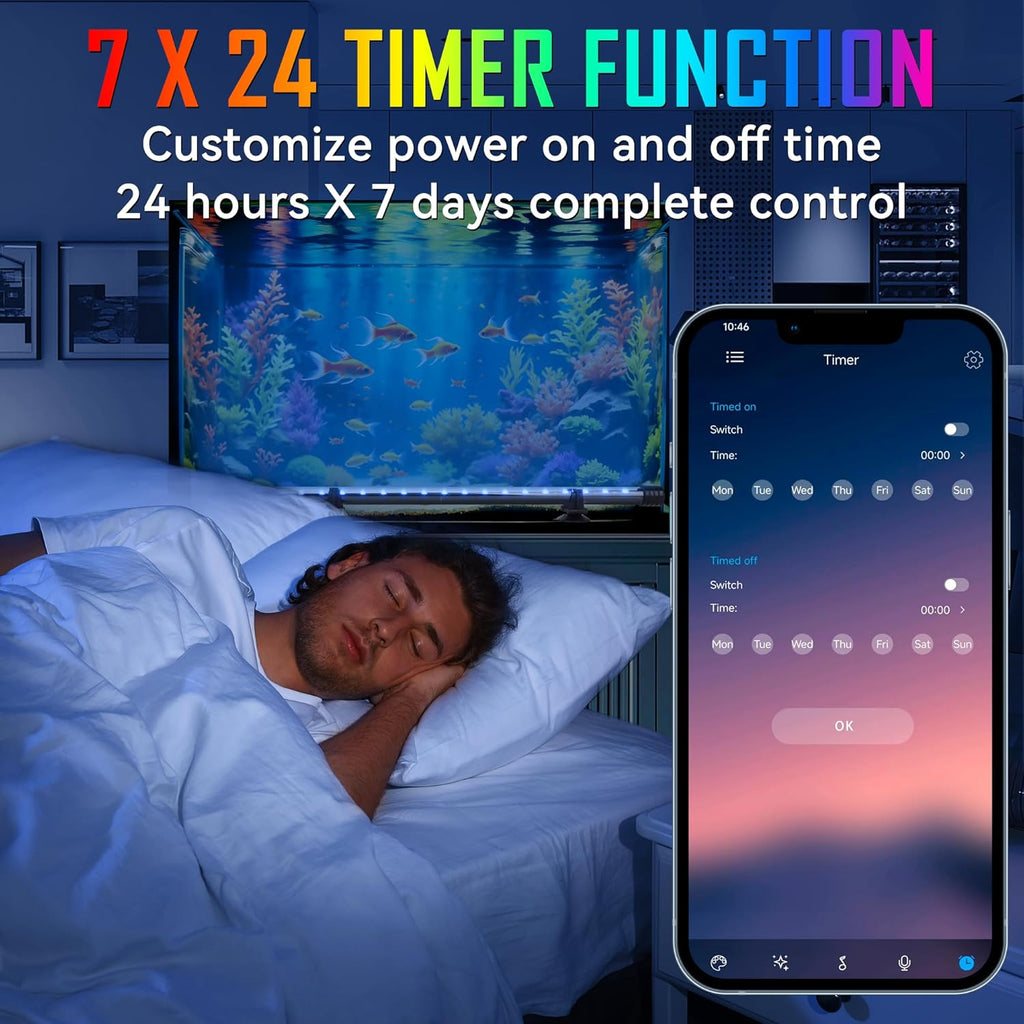Smart App-Controlled RGB LED Aquarium Light with 16 Million Colors & 12 Dynamic Effects, Underwater Fish Tank Light with Timer, Submersible LED Lights with Adjustable Brightness and Speed - 19''