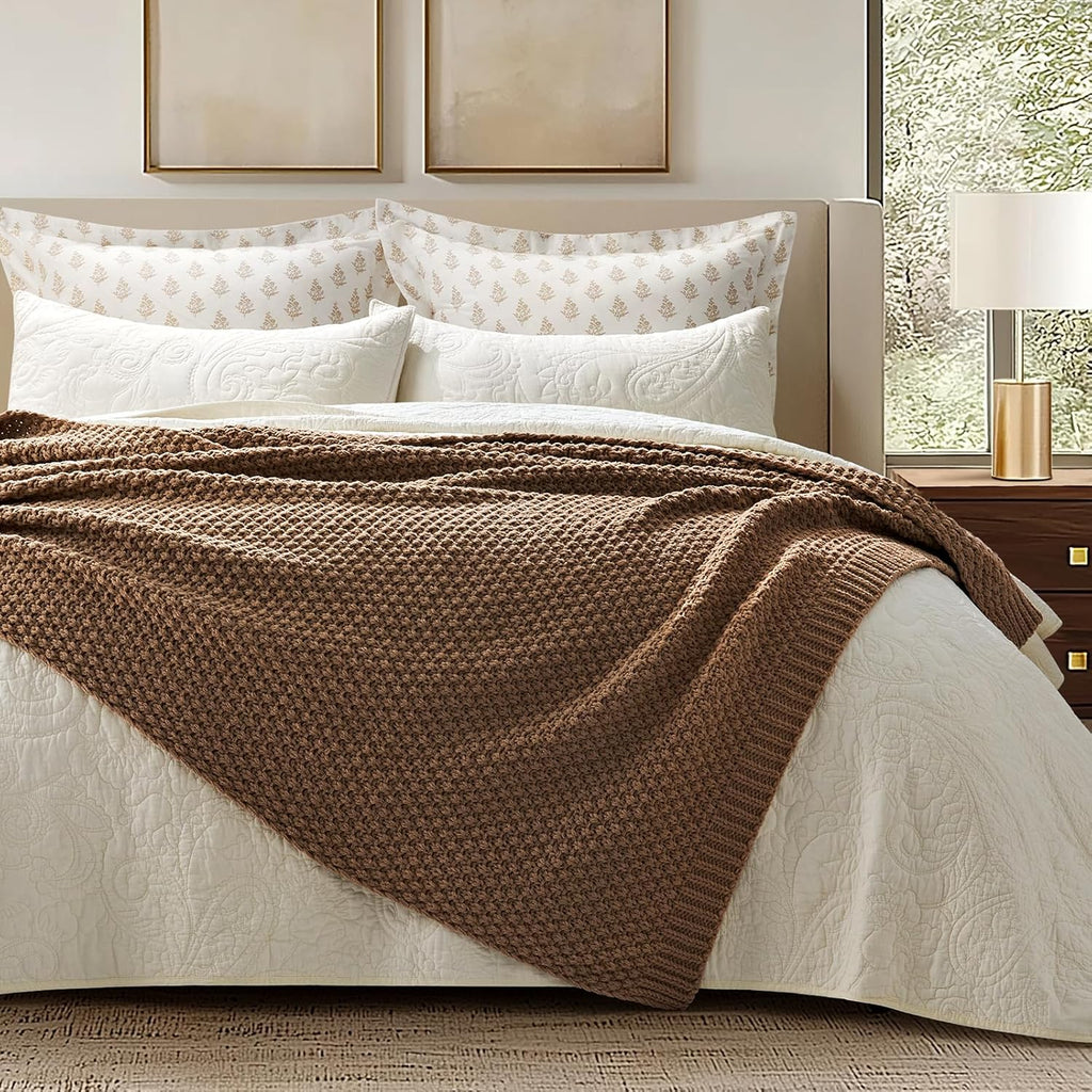 EVERGRACEHOME Chunky Chenille Knit Throw Blanket for Couch, Soft Luxurious Moss Stitch Blankets for Bed, Cozy Decorative Farmhouse Knitted Throws for Sofa, Camel Brown, 60" x 80"