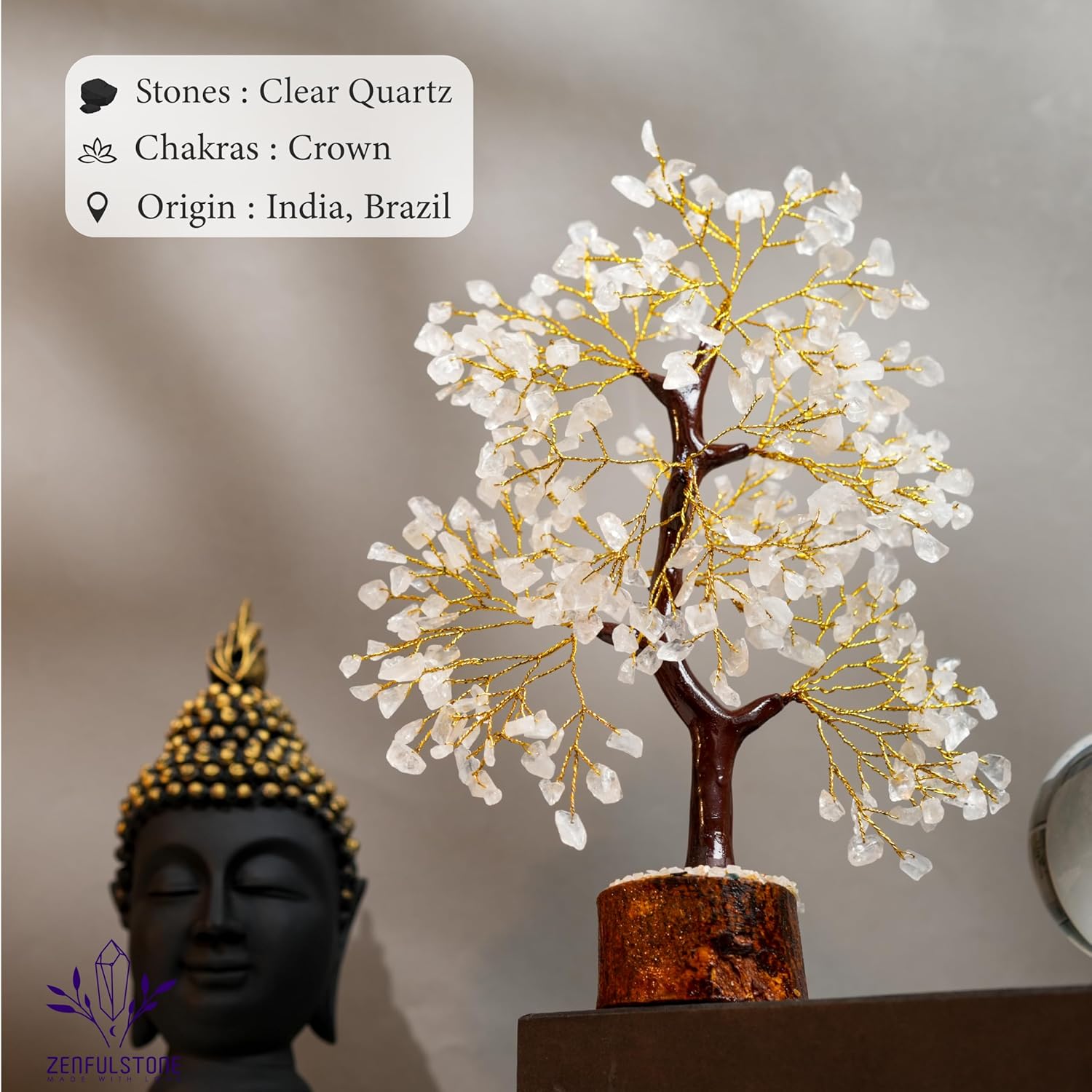 Clear Quartz Tree of Life for Home, Office, and Desk Décor | Handmade Bonsai for Clearity, Positive Energy & Focus | Perfect Concentration Gift for Mom