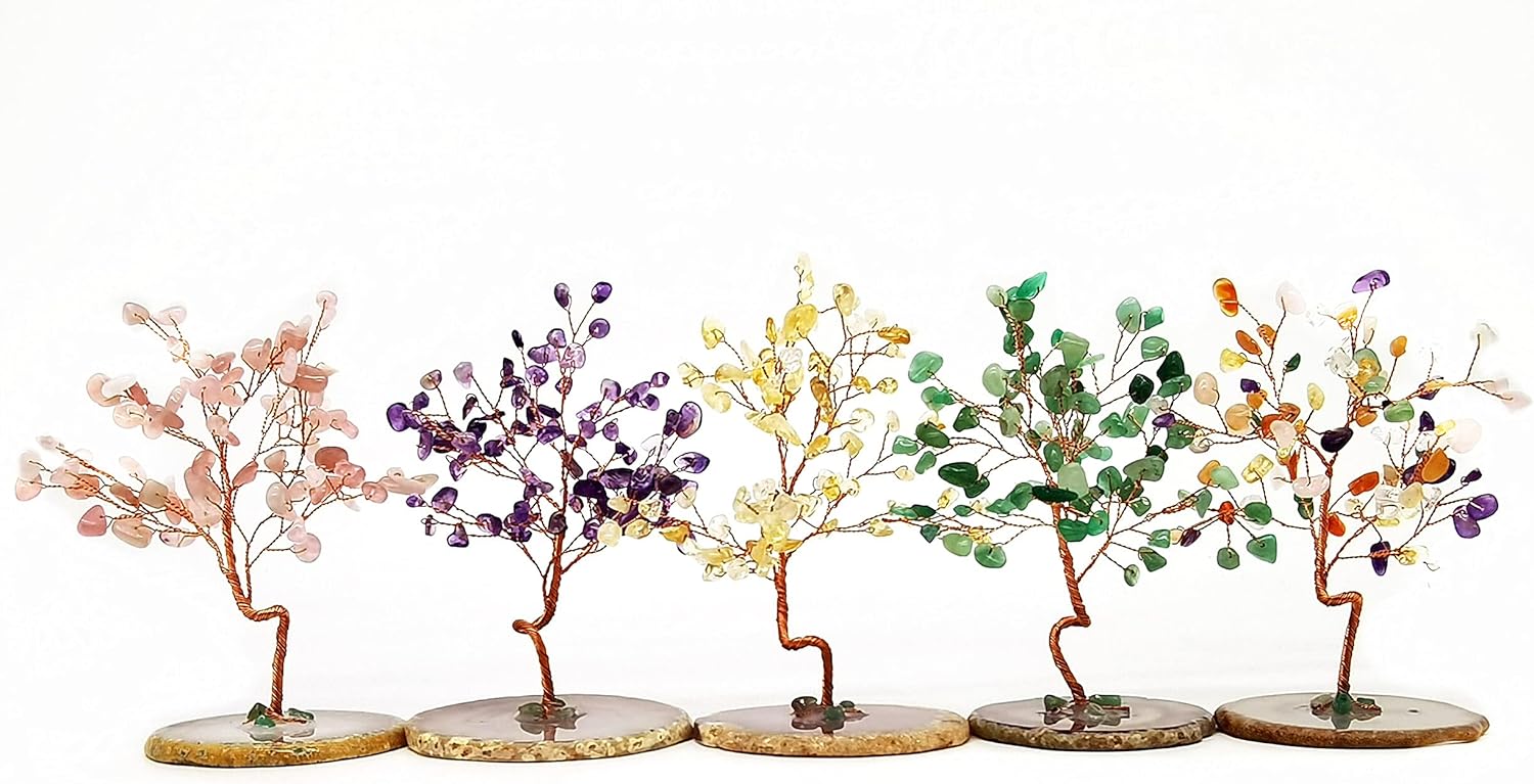 Quartz Crystal Feng Shui Money Tree Natural Agate Flakes Geode Base Bonsai Style Decoration for Luck and Wealth 3.6"- 4.6" (Yellow)
