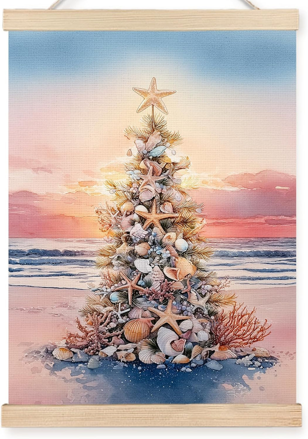 FDHSPAAM Beach Christmas Tree Wall Art Decor, Coastal Christmas Decor, Tropical Sunset Ocean Starfish Seashell Holiday Wall Art Posters for Beach House Home Bedroom Living Room, 12x16 Inch