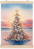 FDHSPAAM Beach Christmas Tree Wall Art Decor, Coastal Christmas Decor, Tropical Sunset Ocean Starfish Seashell Holiday Wall Art Posters for Beach House Home Bedroom Living Room, 12x16 Inch