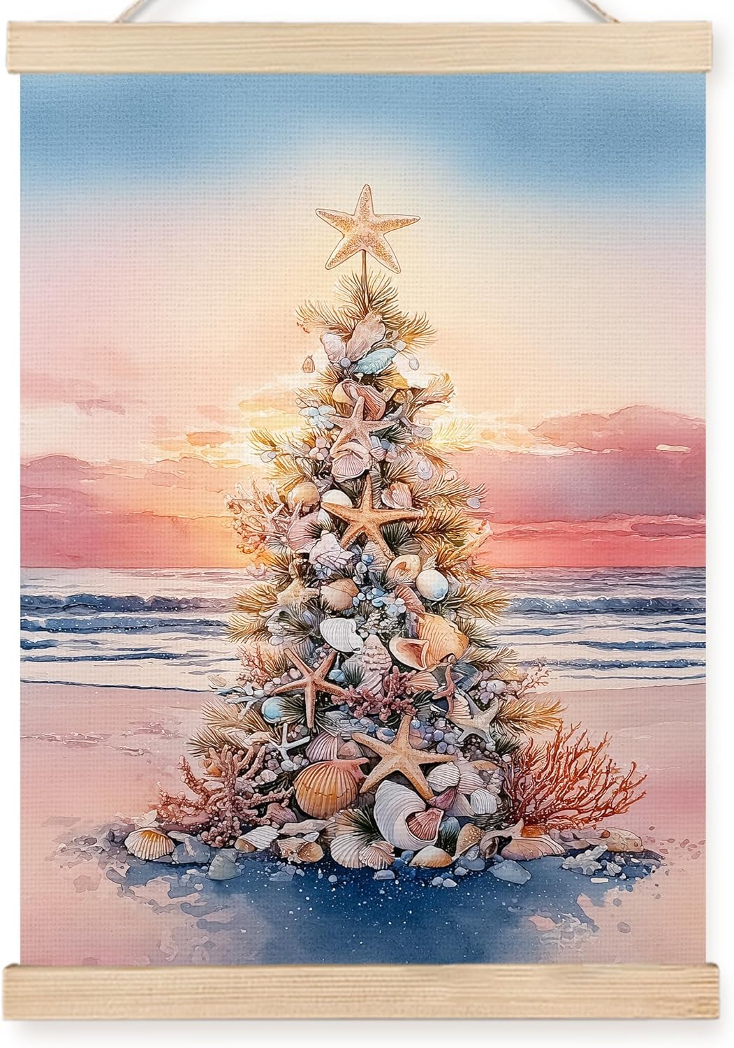 FDHSPAAM Beach Christmas Tree Wall Art Decor, Coastal Christmas Decor, Tropical Sunset Ocean Starfish Seashell Holiday Wall Art Posters for Beach House Home Bedroom Living Room, 12x16 Inch