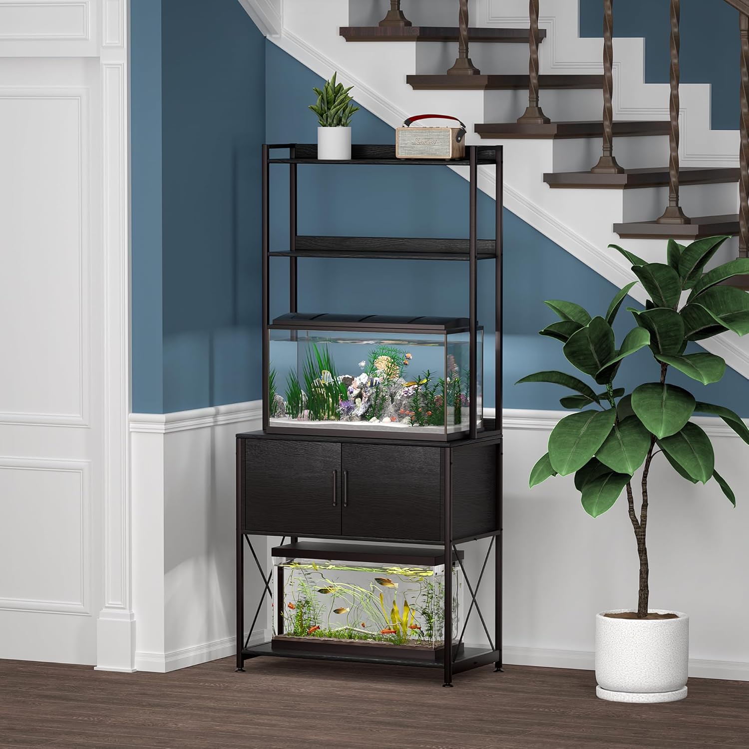 20-29 Gallon Fish Tank Stand, Aquarium Stand with 2 Shelves and Cabinet Accessories Storage, for 20 Gallon Long Aquarium, Metal Frame 32.28" L*16.53" W PG03YGB