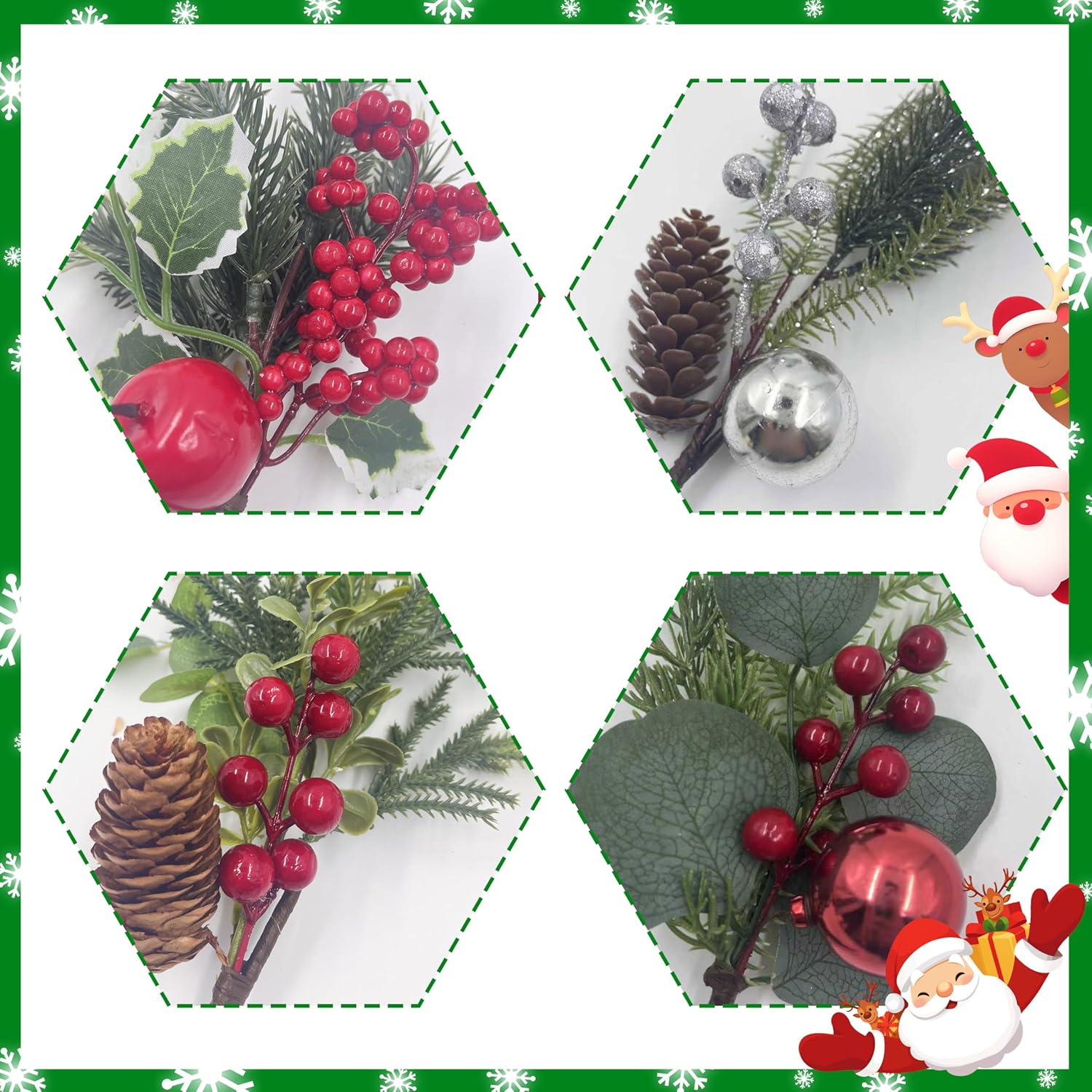12 Pack Christmas Pine Picks with Red Berry Stems, Holly Eucalyptus Branches with Pinecone Sliver Ornament for Vase Filler Floral Arrangements DIY