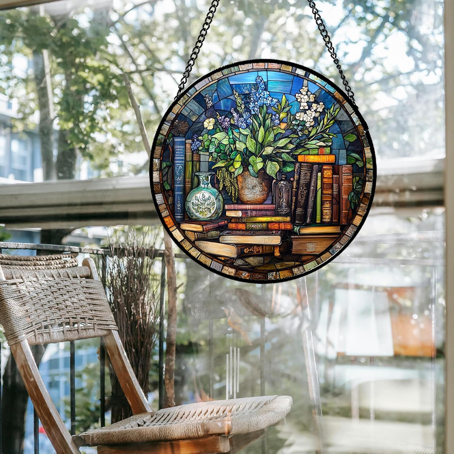 Stained Glass Window Hanging Teal Flower Vintage Books Large 11.8" - Blue Suncatcher Door Garden Sun Catcher Home Decor Birthday Christmas for Mom Men Woman Nana Friend