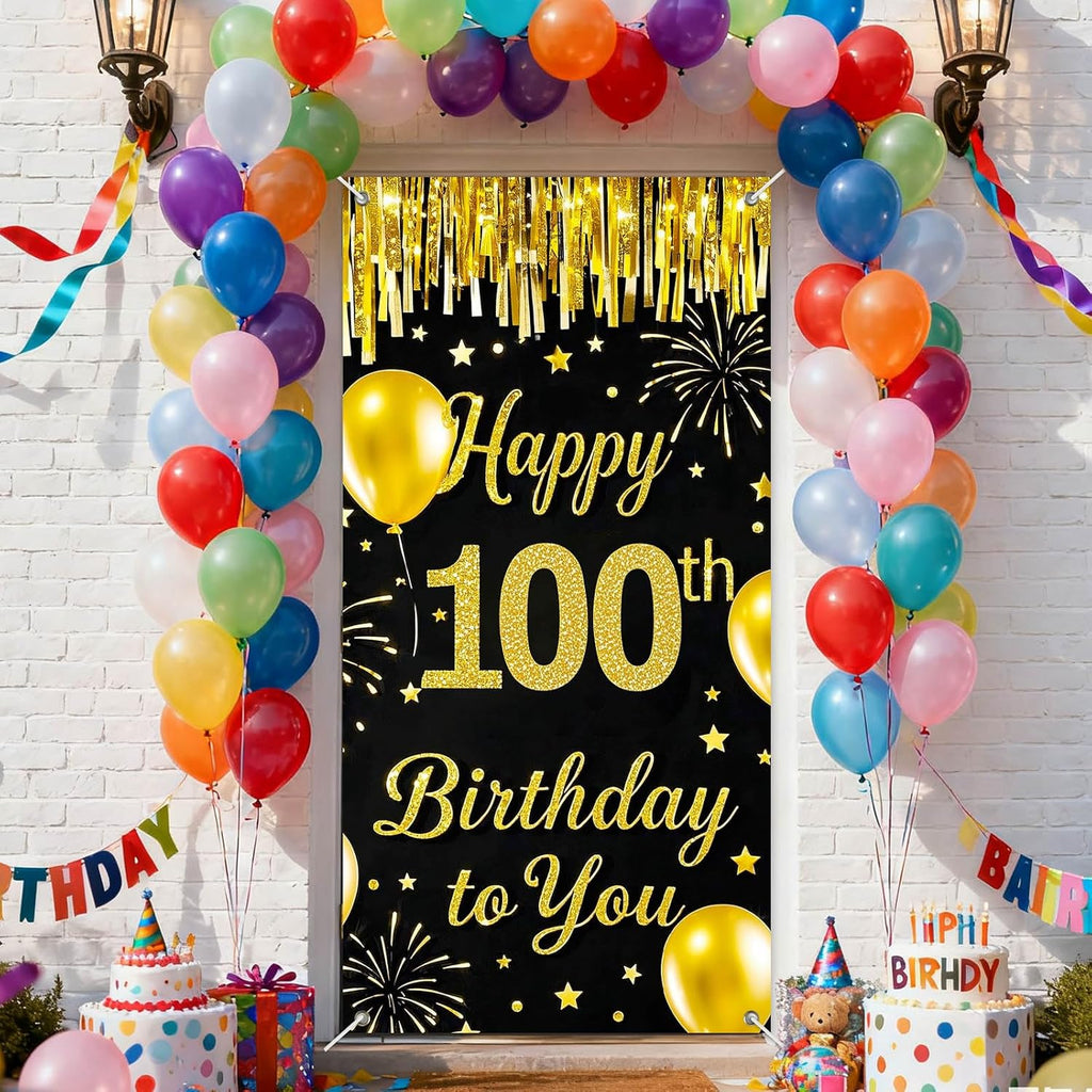 IVN 100th Birthday Door Cover 71x35 Inch Black Gold Birthday Banner for Party Decorations Balloons Stars Fireworks Backdrop Sign for Men Women Photo Booth Prop Wall Decor