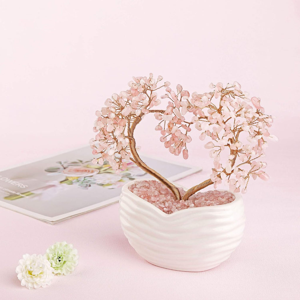 GEHECRST Rose Quartz Healing Crystals Heart Money Tree Reiki Gemstones Pink Quartz Bonsai Tree Feng Shui Crystal Ornament Home Office Desk Decor Healing Crystal Gifts for Mom Mothers Day Christmas