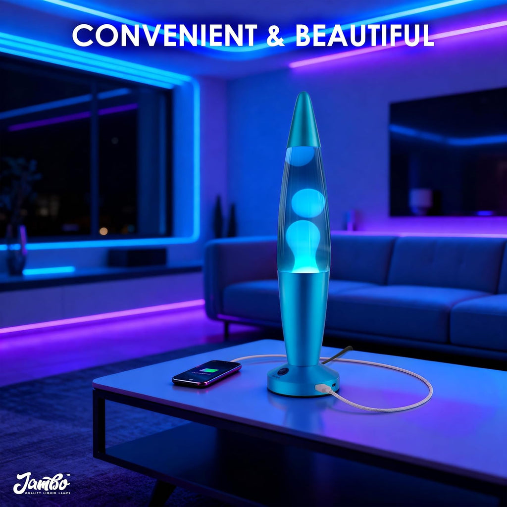 JAMBO Beautiful Liquid Lamp with USB Ports,16" Motion Light with Blue Liquid White Wax, Relaxing Nightlight, Mood Light for Bedroom, Living Room, Office - Adults, Teens, Kids