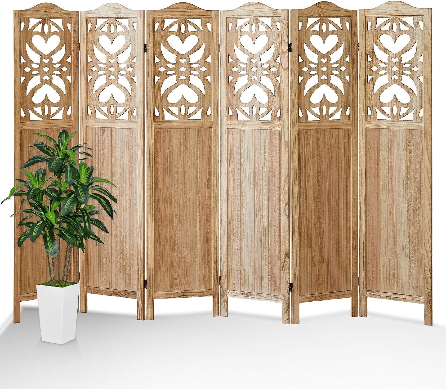 6 Panel Room Divider, 5.6Ft Carved Room Divider Wall and Folding Partition Divider Wal, Folding Privacy Screen, Portable Partition Screen for Bedroom Home Office - Natural
