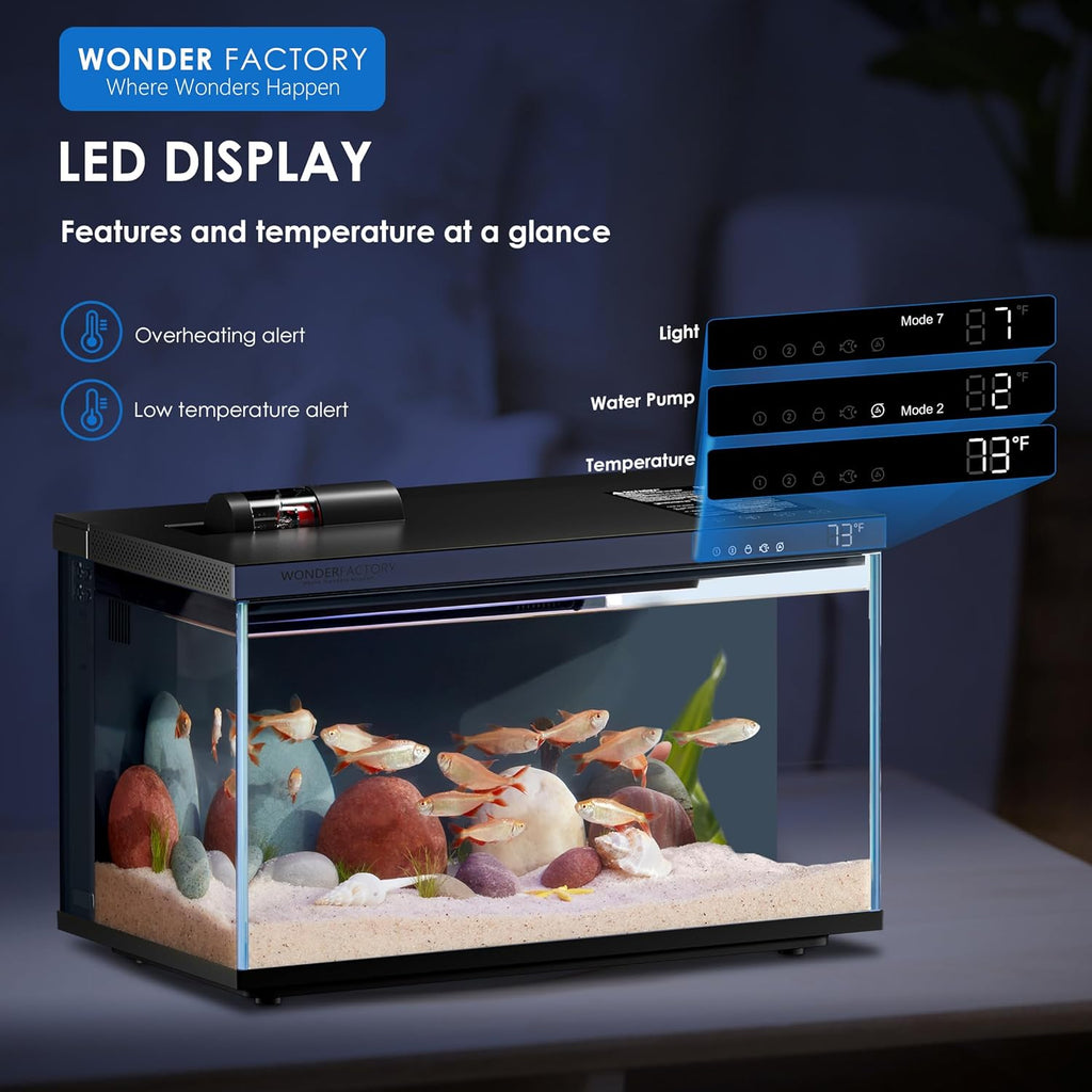 Smart Aquarium 5 Gallon Glass Fish Tank, Self Cleaning System Efficiency Filter 7 Color LED Lights Automatic Feeder Temperature Display Monitor HD UHA Glass Leak-Proof, Smart Control with Apps