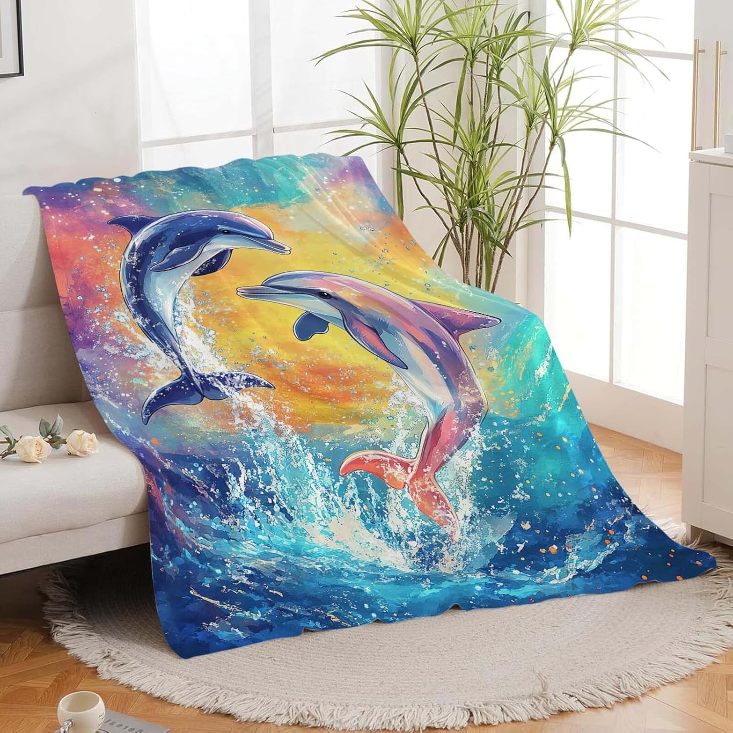 Dolphin Throw Blanket Dolphin Stuff Gifts for Kids Girls Boys Adults Women Man Soft Cozy Warm Plush Fluffy Fuzzy Fleece Blanket Decor 50''X60''
