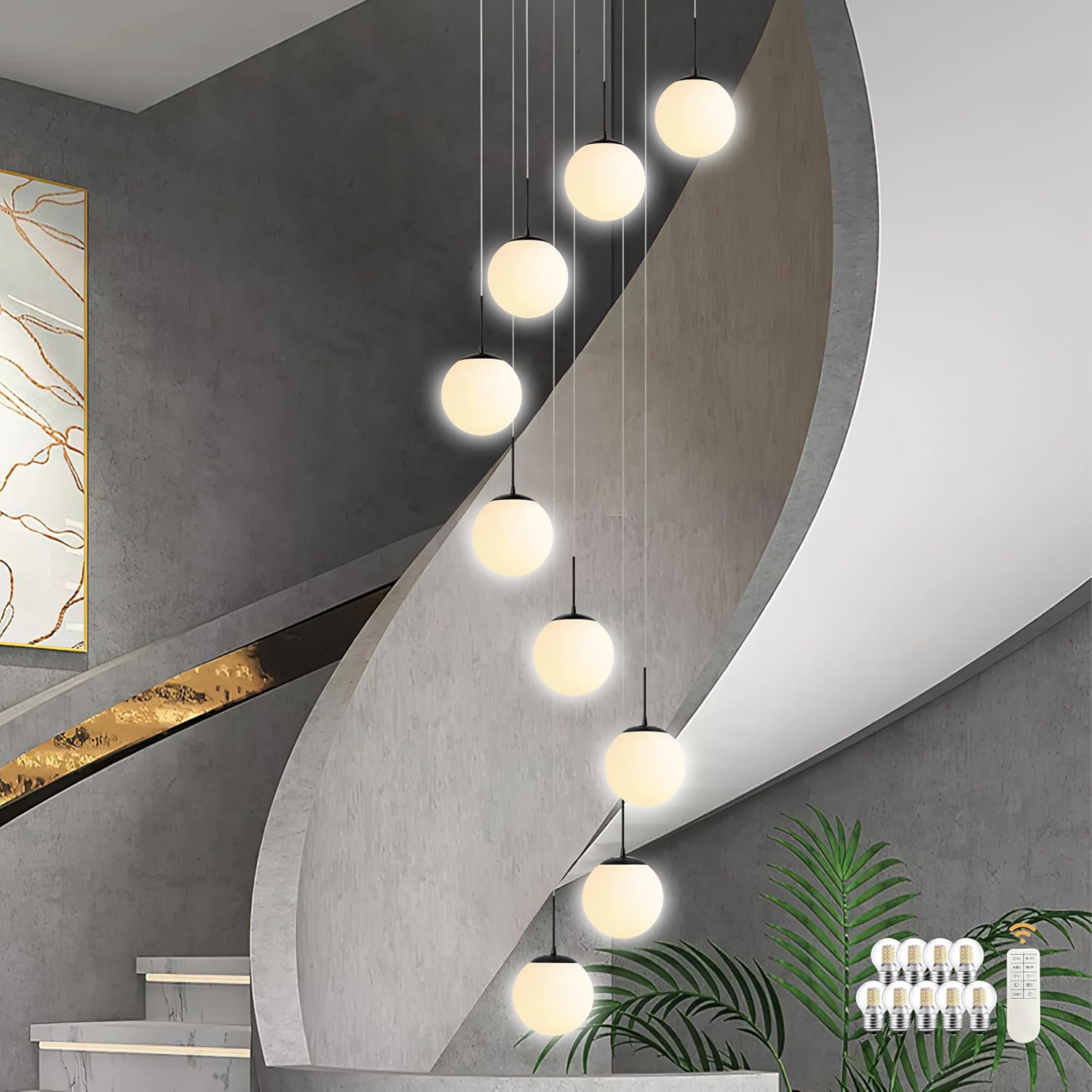 KoKo&Yukina 9-Light Globe Milky White Glass Pendant Light Adjustable Length Pendant Lights Modern Glass Globe Pendant Lights Black Chandeliers Large Chandeliers for High Ceilings (Bulb & Remote Incl)