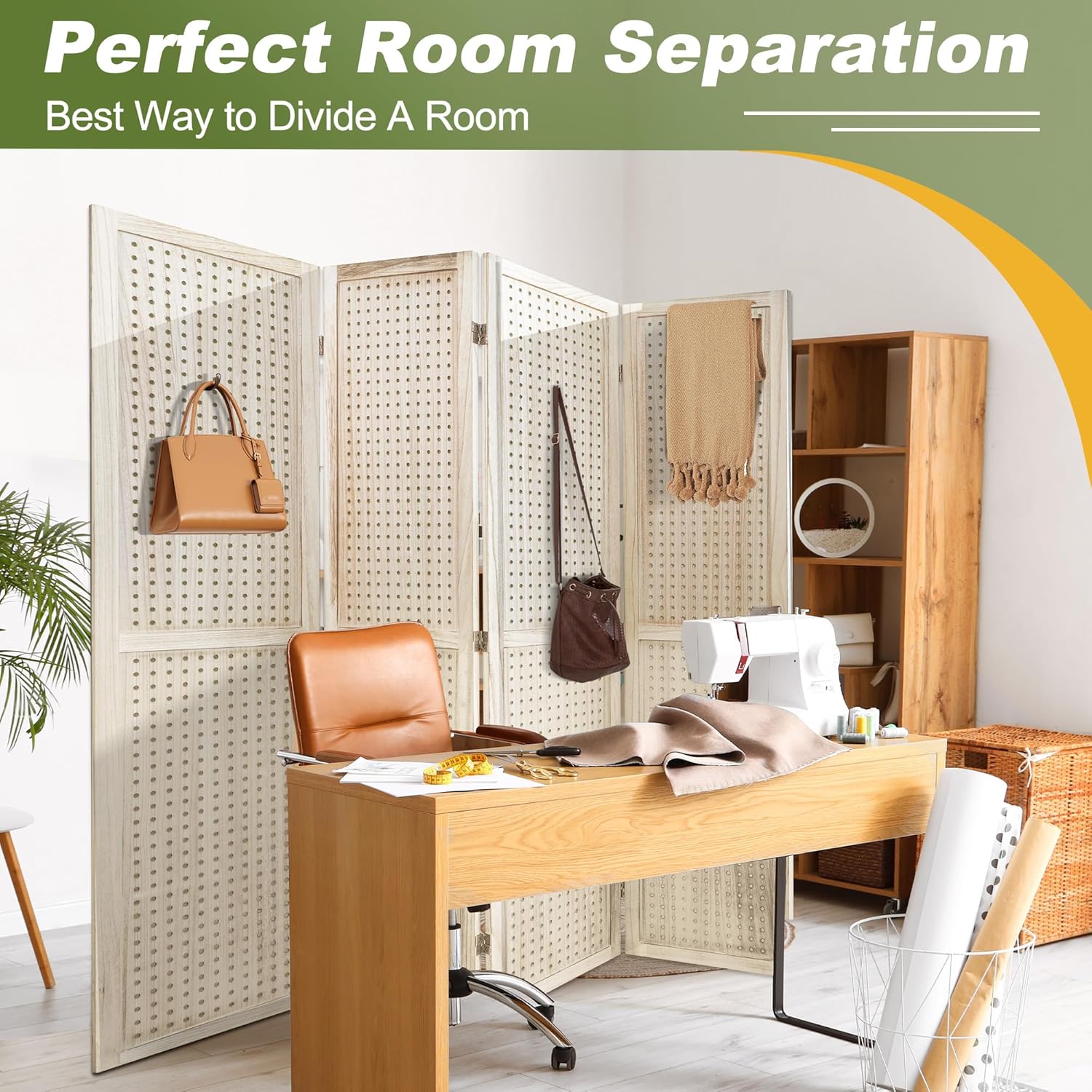 NicBex Room Divider 4 Panel Pegboard Display 5.6FT Wood PegBoard Room Dividers, Folding Privacy Screens Portable Display Board Wall Divider for Craft/Art Shows, Room Separation, Natural Wood
