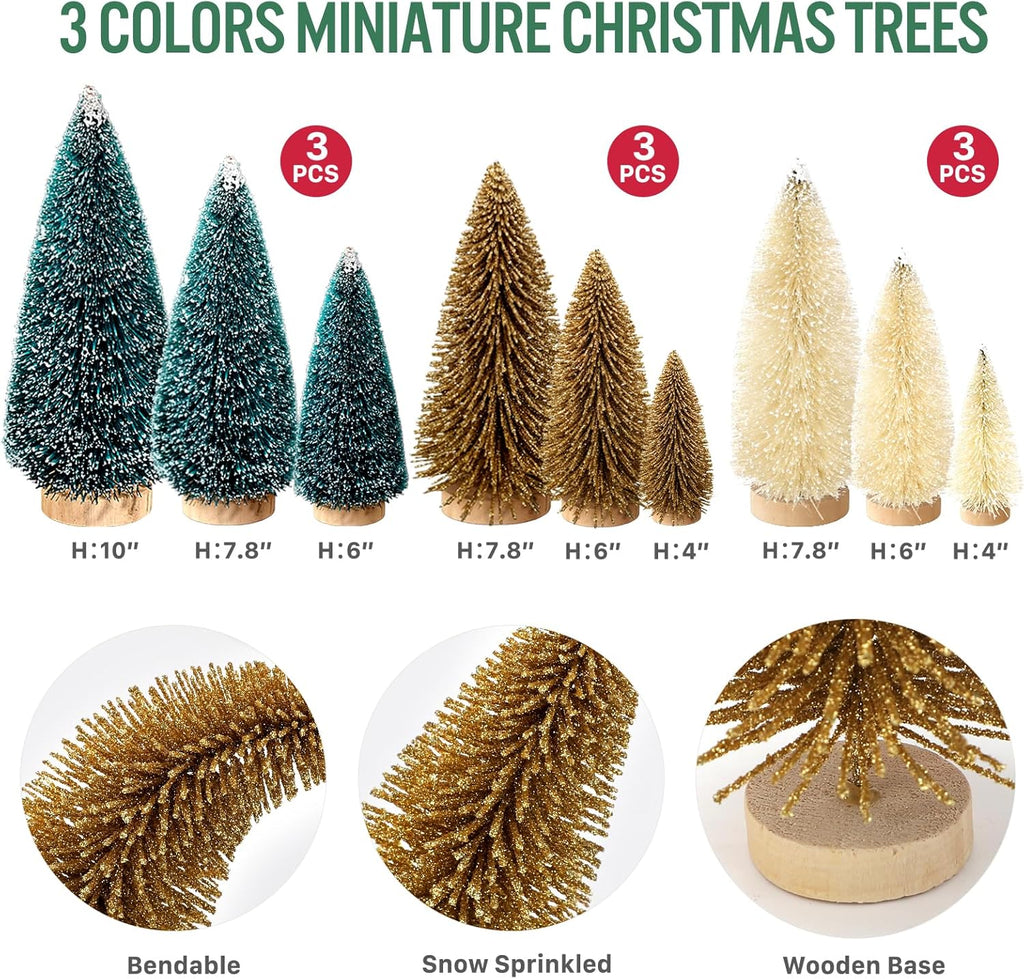 9Pcs Mini Christmas Trees Christmas Decor Artificial Christmas Decorations with 4 Sizes, Christmas Tree Bottle Brush Trees Christmas Table Decorations (Dark Green Golden Beige)