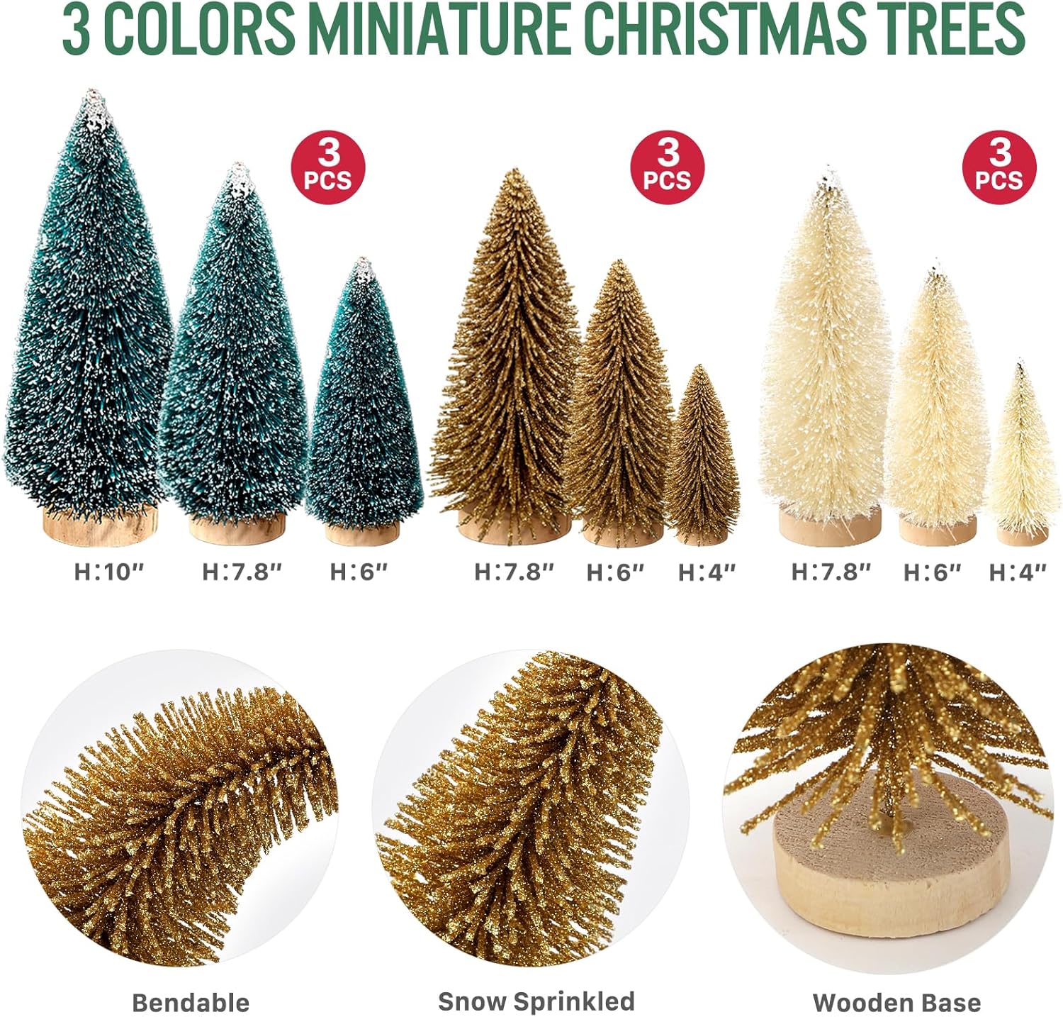 9Pcs Mini Christmas Trees Christmas Decor Artificial Christmas Decorations with 4 Sizes, Christmas Tree Bottle Brush Trees Christmas Table Decorations (Dark Green Golden Beige)