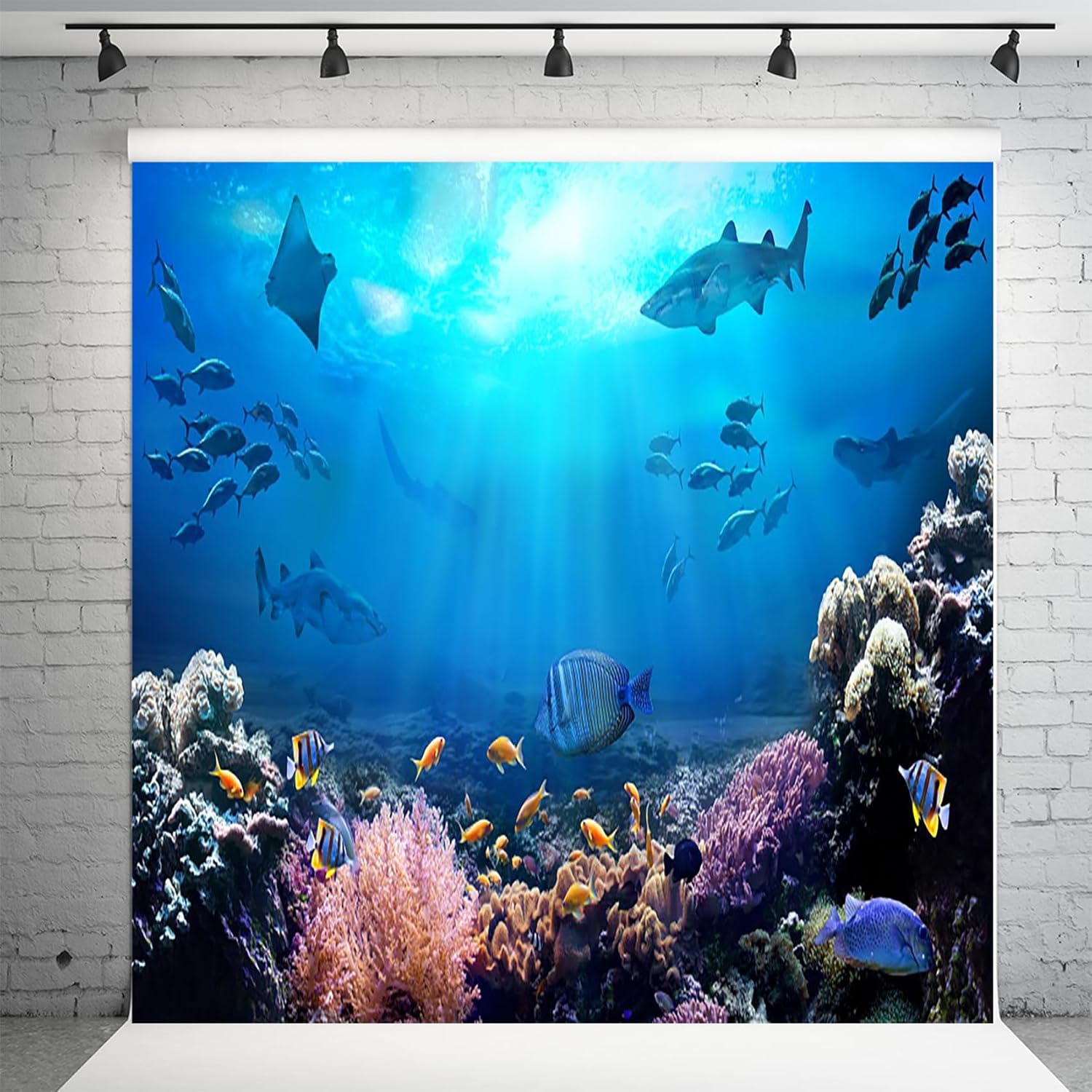 AOFOTO 10x10ft Underwater World Backdrop for Photography Aquarium Seabed Rocks Lights Coral and Fishes Tropical Ocean Scene Under The Sea Background Kids Party Decoration Banner Photobooth Props
