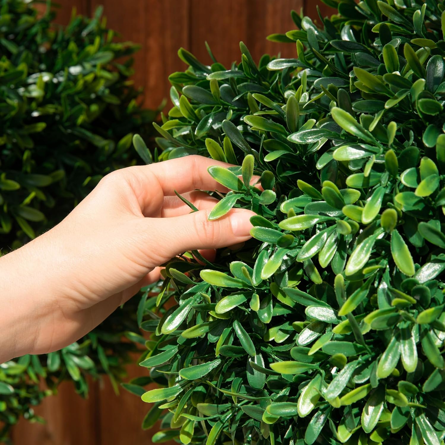 DRAY 16" Diameter Artificial Japanese Boxwood Topiary – Set of 2 Faux Plants with Ground Spikes – UV-Resistant, Realistic Outdoor & Indoor Garden Décor – Weatherproof and Durable