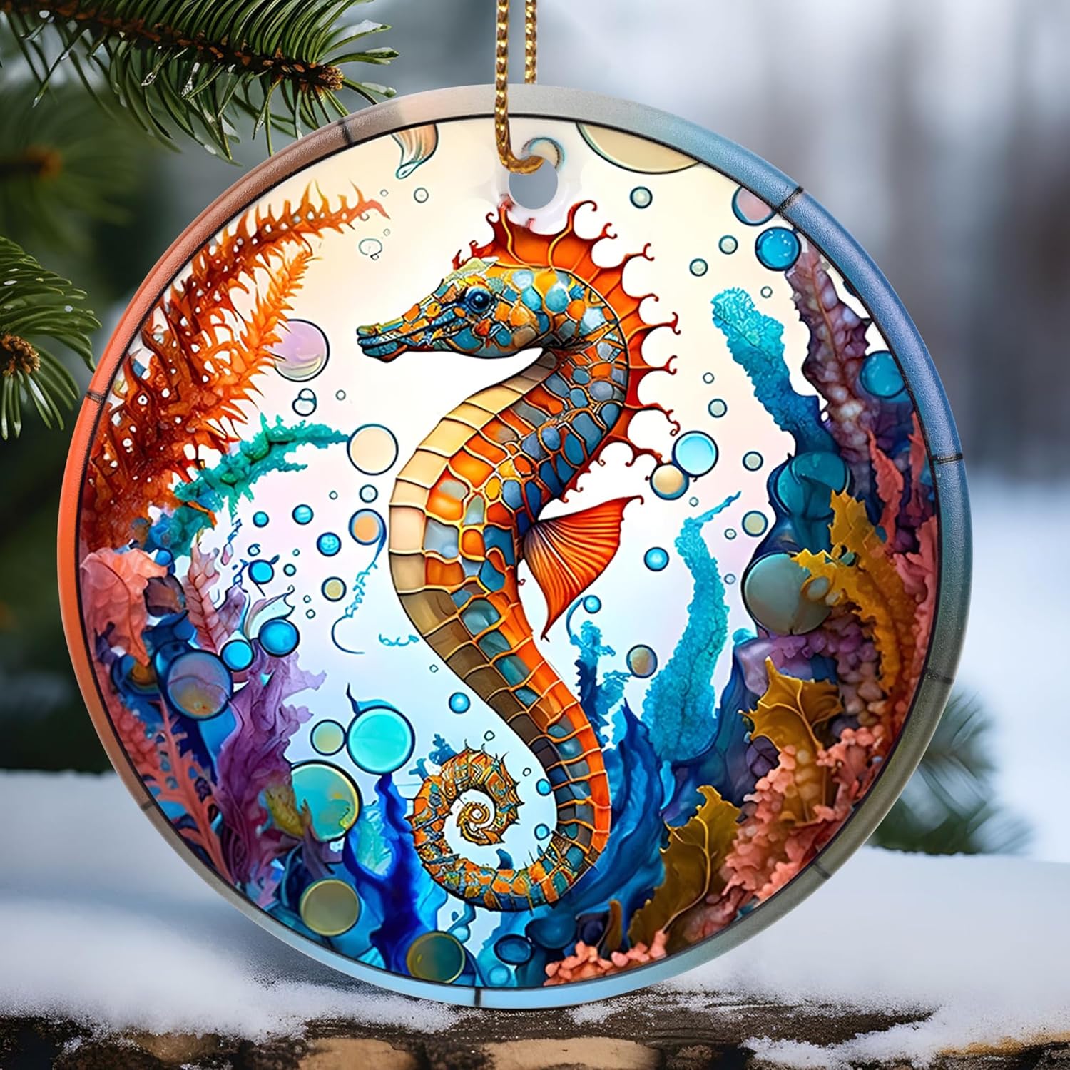 Touber Christmas Ornament, Christmas Decoration, Holiday Present Idea, Heirloom Keepsake, Round Ceramic, Gift Exchange, Gift Idea, Sea Horse