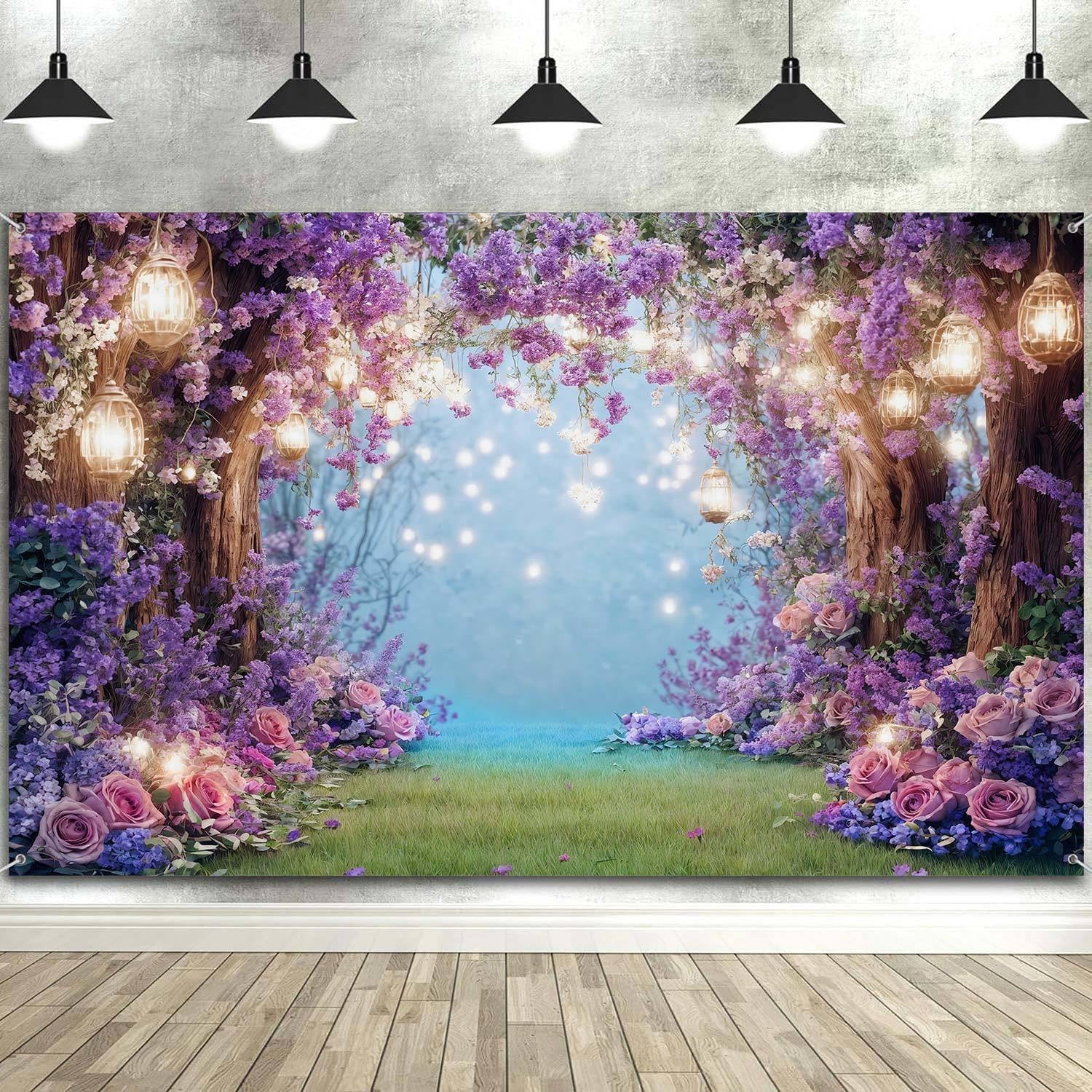 8X6ft Purple Flower Wall Backdrop Floral Arch Fairy Lights Romantic Background for Bridal Shower Birthday Party Anniversary Ceremony Props for Portrait Photo Studio Booth Decorations