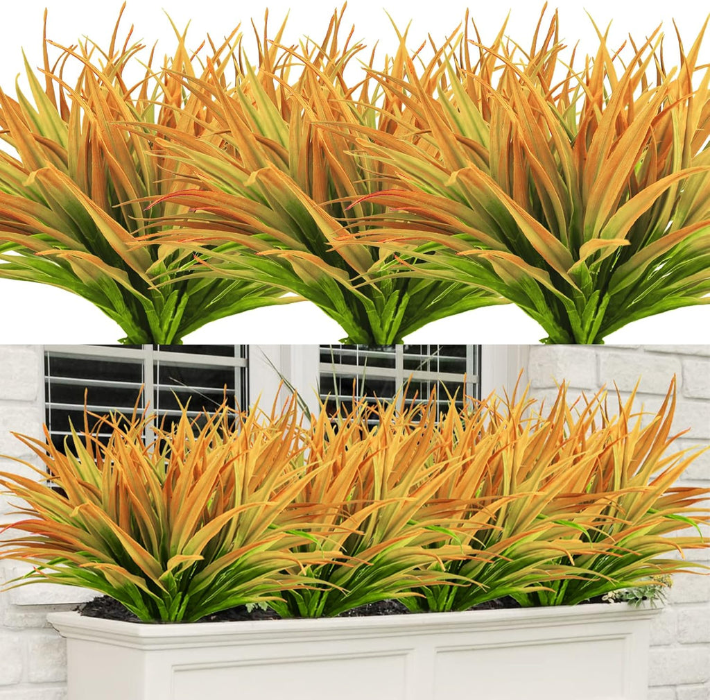 8Pcs Artificial Grass Plant Fake Outdoor Plastic Plants UV Resistant Faux Grasses Greenery Shrubs for Window Box Garden Patio Porch Home Decor Yellow