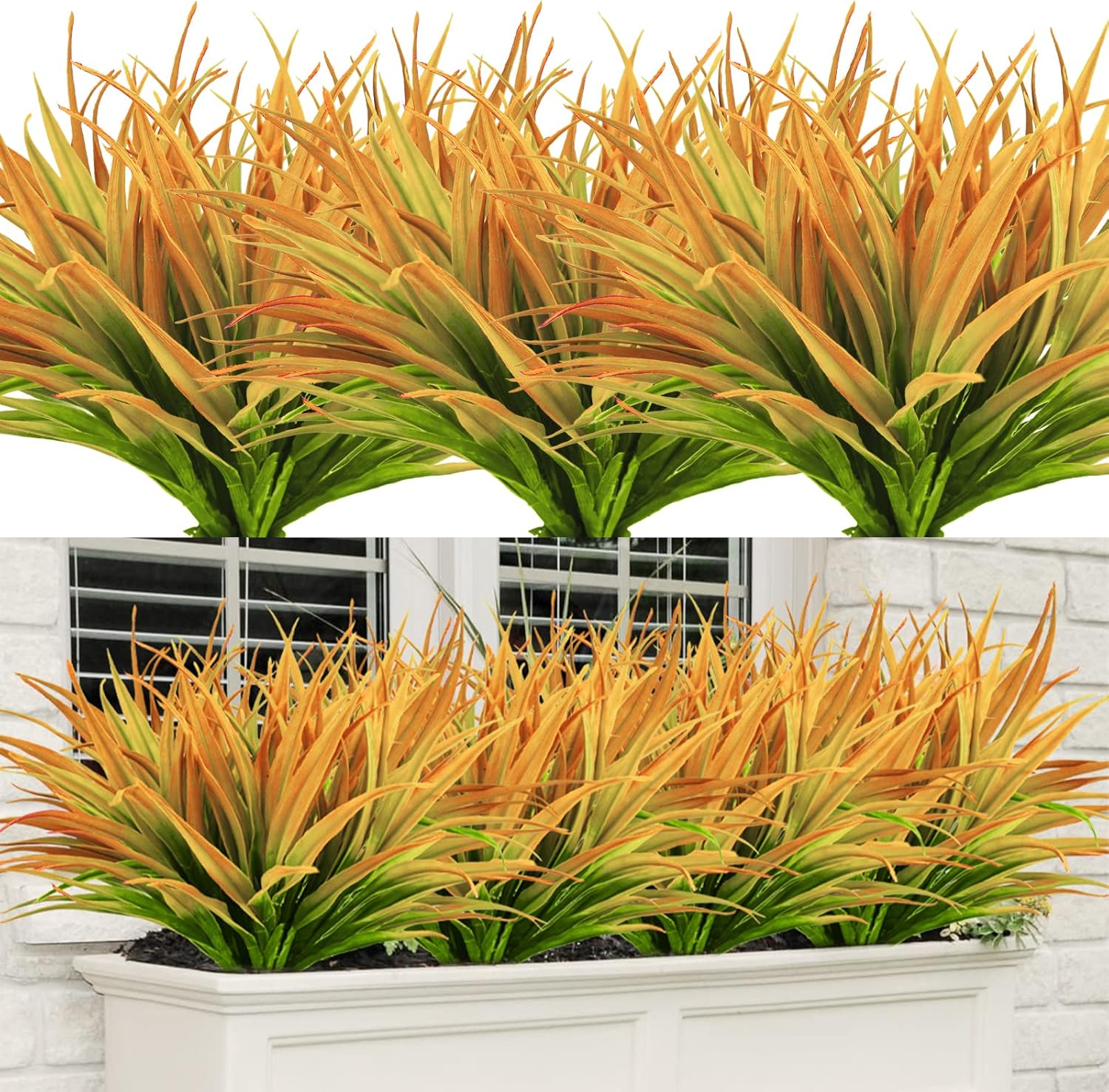 8Pcs Artificial Grass Plant Fake Outdoor Plastic Plants UV Resistant Faux Grasses Greenery Shrubs for Window Box Garden Patio Porch Home Decor Yellow