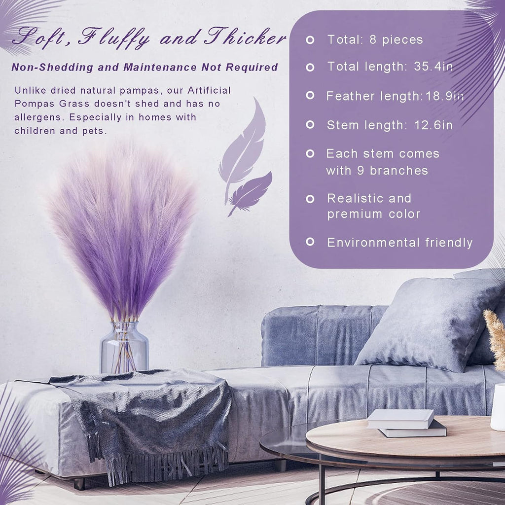 8Pcs 3FT Purple Colorful Faux Pampas Grass, KALYLOC Fake Artificial Pampass Grass Decor, Filler Tall Pampas Grass Reed Fluffy Stems Plant for Home Boho Living Room Wedding Decoration