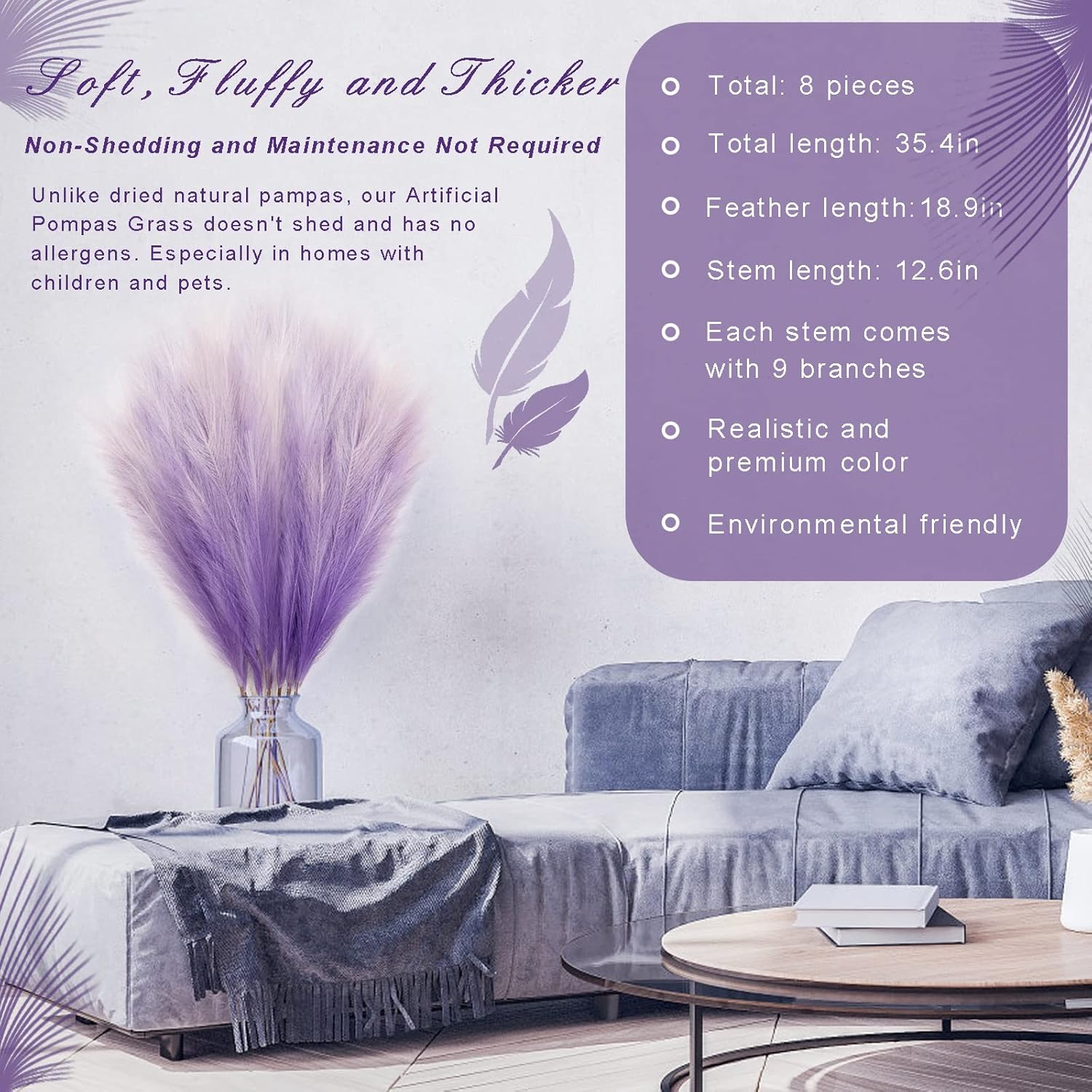 8Pcs 3FT Purple Colorful Faux Pampas Grass, KALYLOC Fake Artificial Pampass Grass Decor, Filler Tall Pampas Grass Reed Fluffy Stems Plant for Home Boho Living Room Wedding Decoration