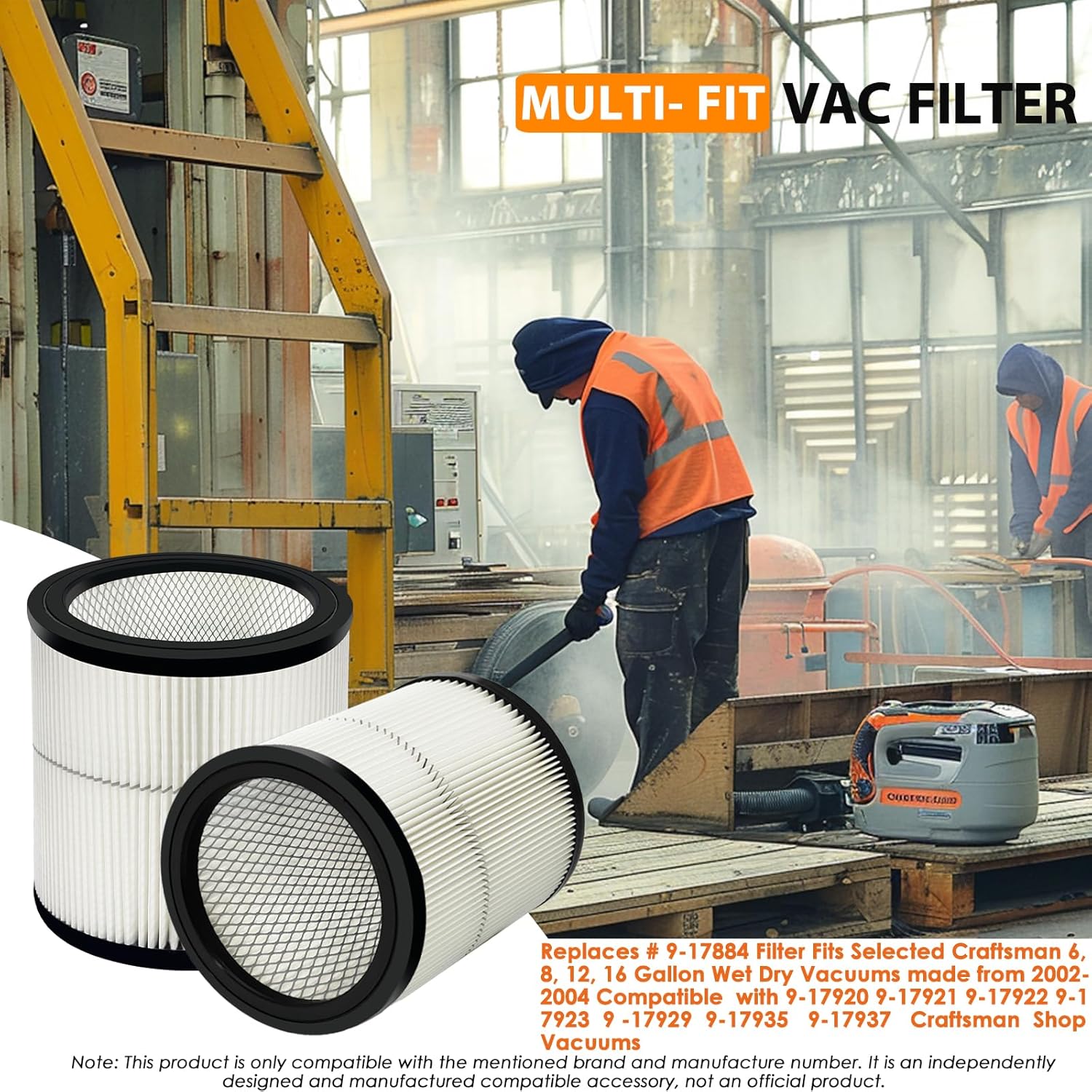17884 Replacement Filter Fits Craftsman 6 8 12 16 Gallon Wet Dry Vacuums, Replaces 9-17884 General Purpose Vac Filter with 2x Wet Foam