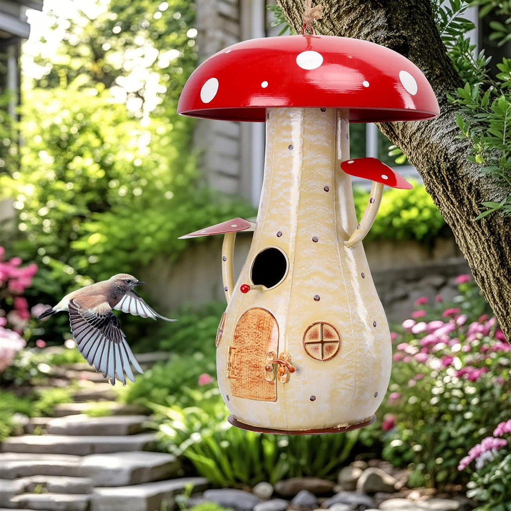 Yinns Metal Mushroom Bird House, Wild Bird House Outdoor, Decorative Birdhouse for Home Garden Decor, 13.8 Inch Big Bird Houses