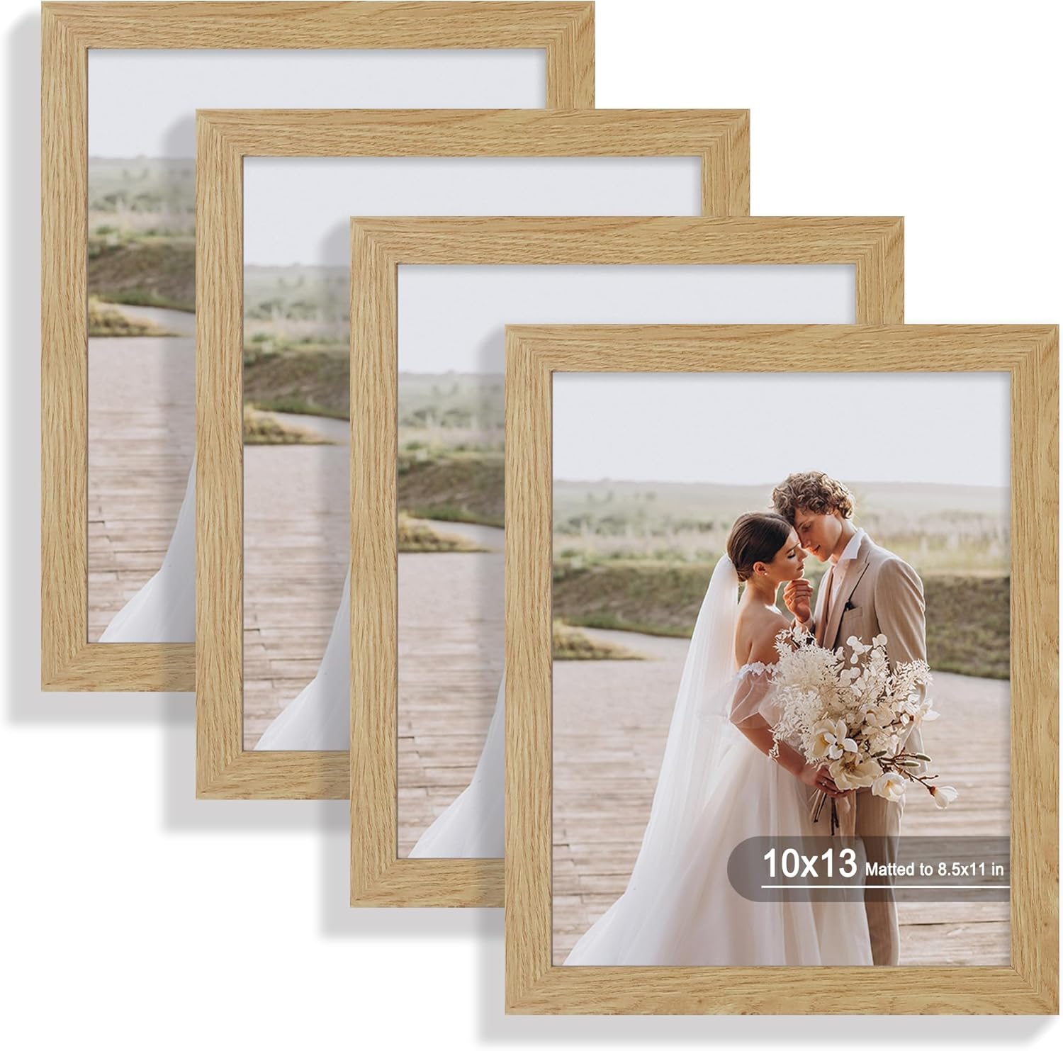 10x13 Picture Frame Set of 4, Made of Real Glass and Natural Oak Frame, 10 by 13 Photo for Wall or Tabletop - Display Picture 8.5x10 with Mat or 10x13 Without Mat