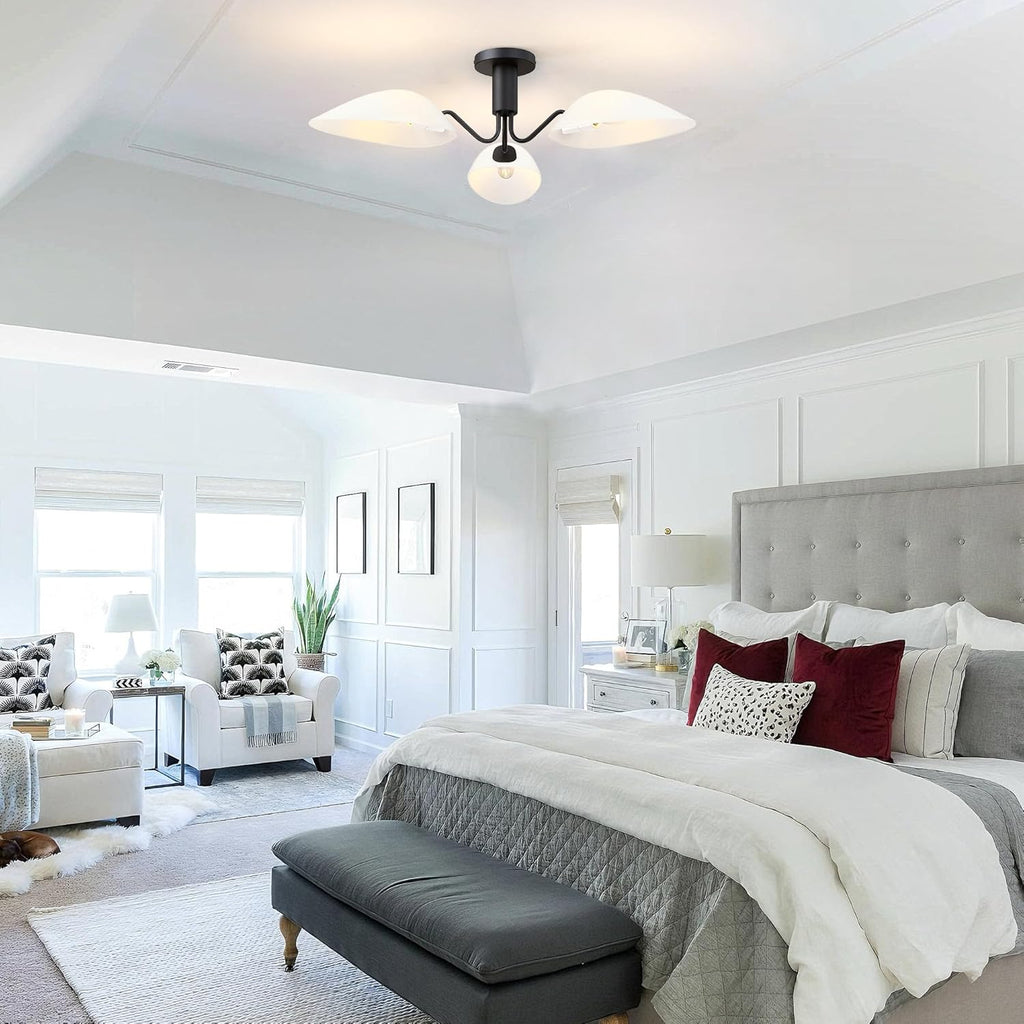 MEXO Modern Black 3-Light Ceiling Light with Opal White Glass Shade Semi Flush Mount Ceiling Light for Living Room Hallway Sputnik Chandelier Lighting Fixture
