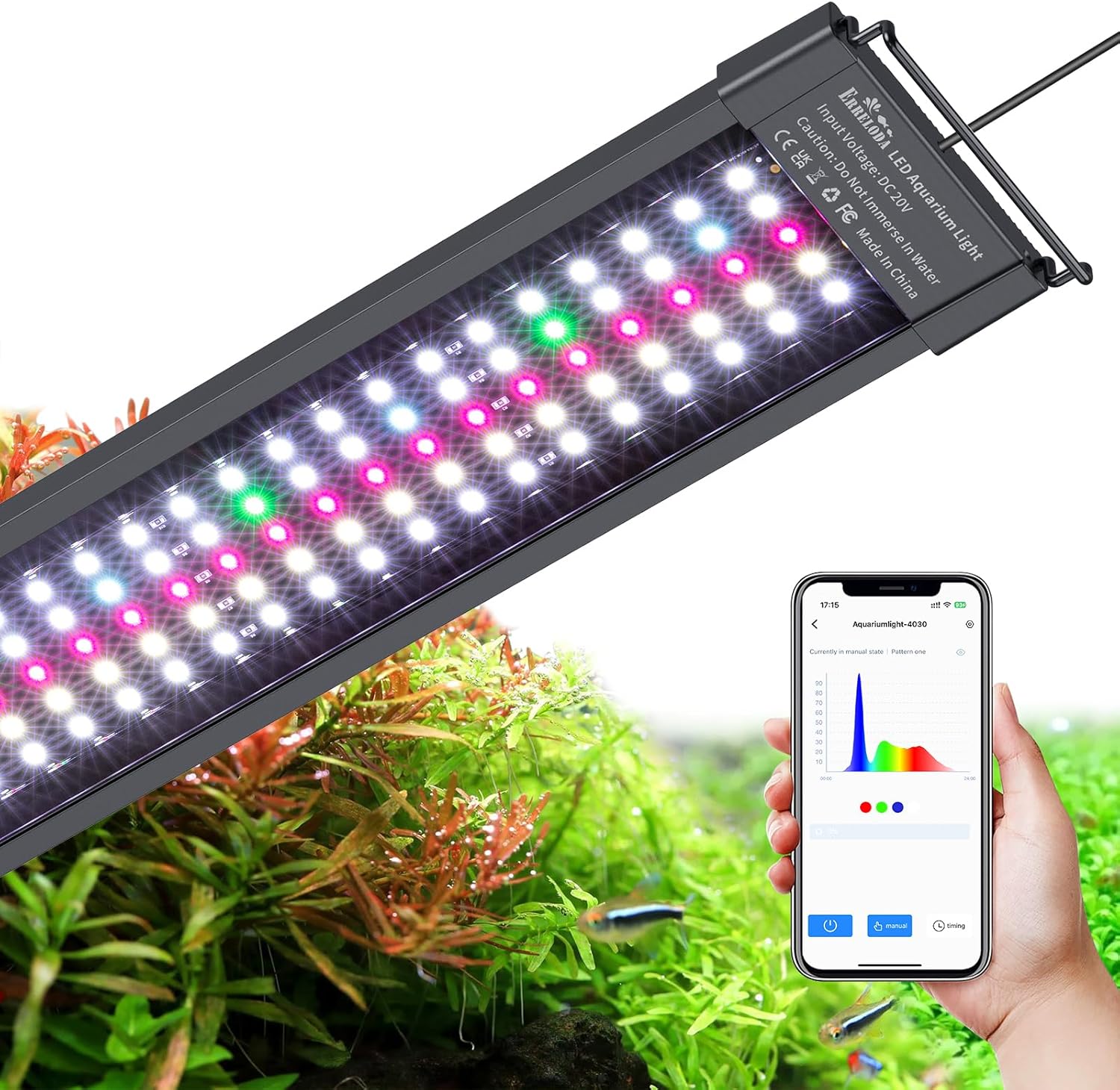 Bluetooth LED Aquarium Light with APP Control, 3 Modes for 36-42 Inch Fish Tank Light with Full Spectrum White Blue Red Green Lights, IP68 Waterproof with Extendable Brackets for Freshwater
