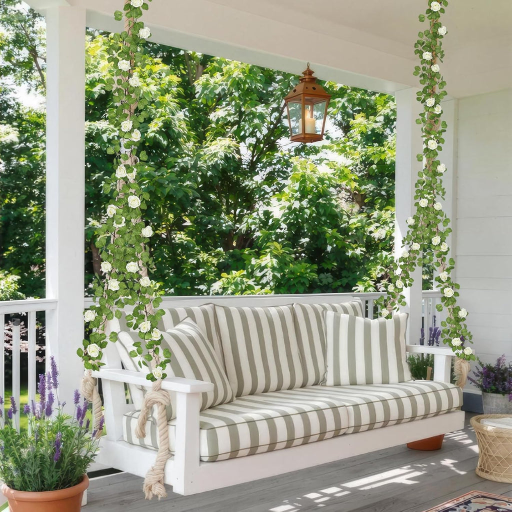 Artificial Roses Vines Flowers Garland Hanging Silk Rose Vine Floral Garland White UV Resistant Realistic Faux Hanging Flowers Plants Fake Ivy Vines for Outdoor Porch Outside Decor Patio Yard