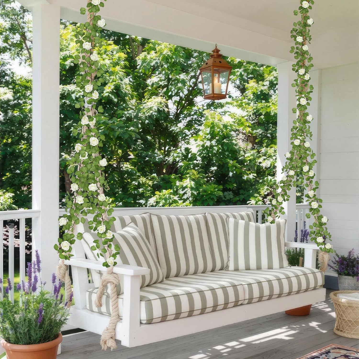 Artificial Roses Vines Flowers Garland Hanging Silk Rose Vine Floral Garland White UV Resistant Realistic Faux Hanging Flowers Plants Fake Ivy Vines for Outdoor Porch Outside Decor Patio Yard