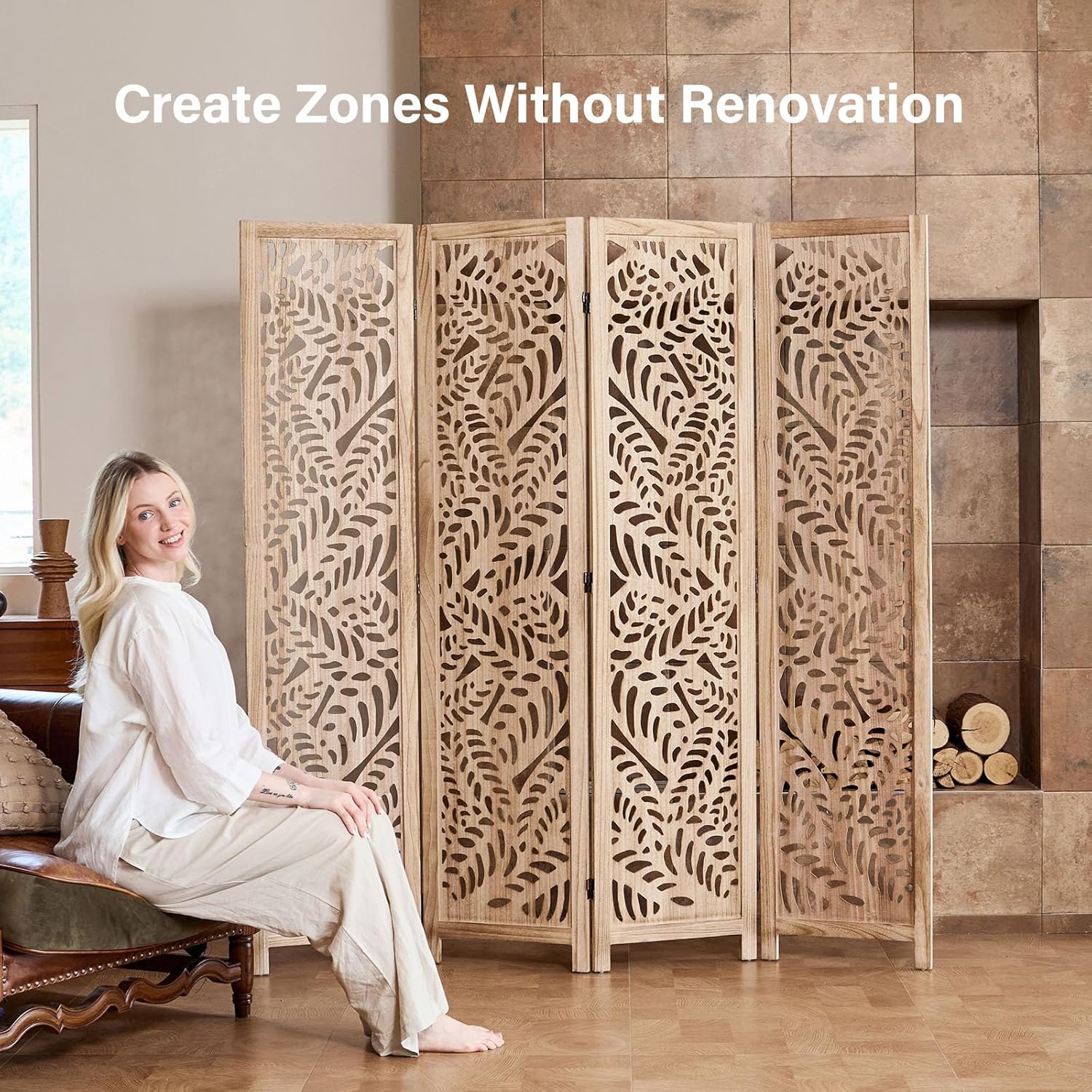 Leaf-Carved Room Divider Privacy Screen - 67 Inch Tall Foading Decorative Wood Screen Dividers Panel for Home - Natural Wood Room Partitions for Enhanced Privacy and Style Natural 4 Paned