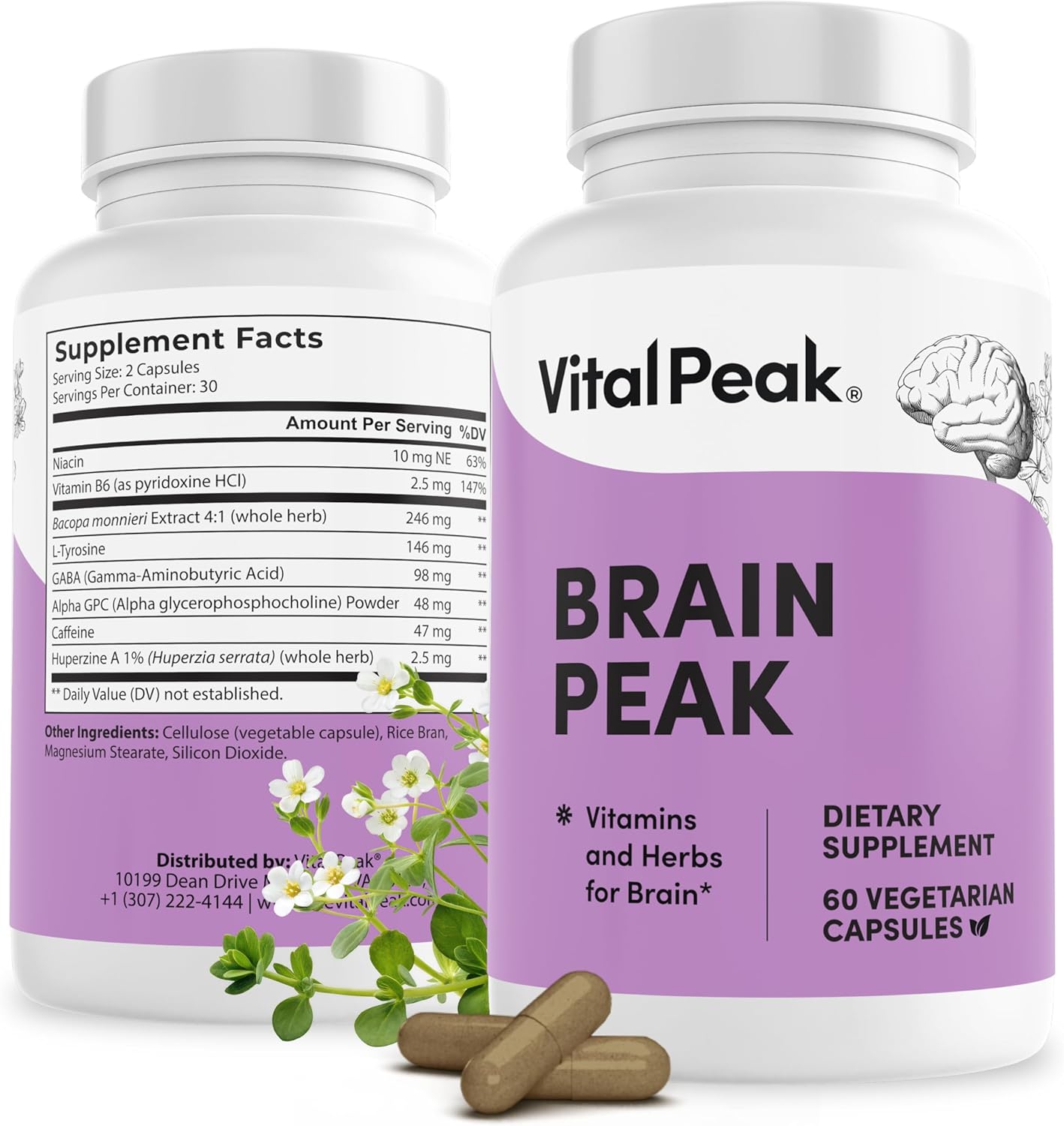 Brain Peak - Brain Supplements for Memory and Focus - Supports Brain Health - with Niacin, GABA, Alpha GPC, L-Tyrosine, Bacopa Monnieri & More - Vegan, Gluten Free, Dairy Free - 60 Capsules