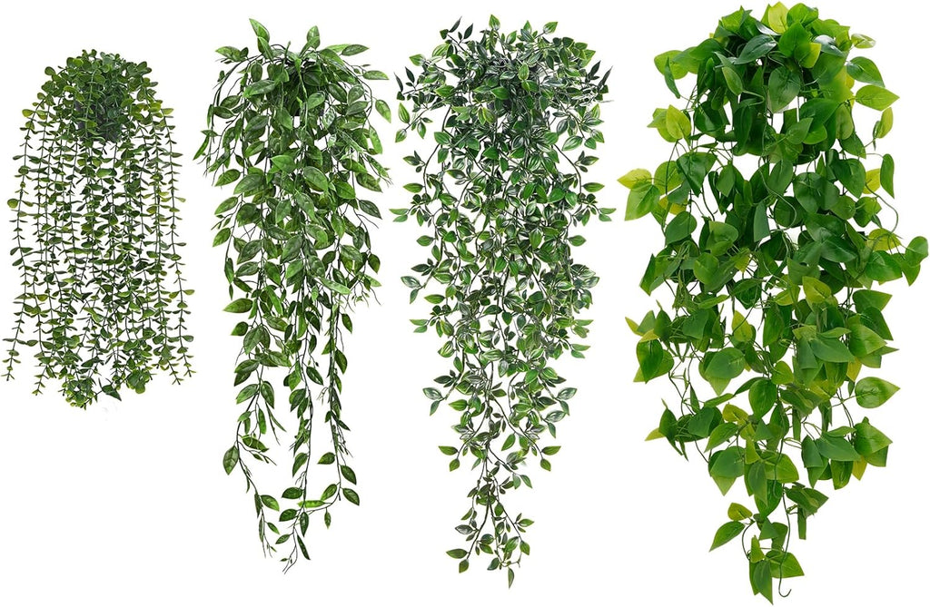 BLEUM CADE Fake Hanging Plants Mixed Set, 4pcs Artificial Hanging Plant, Faux Hanging Potted Plants Greenery for Wall Shelf Home Living Room Indoor Outdoor Decor