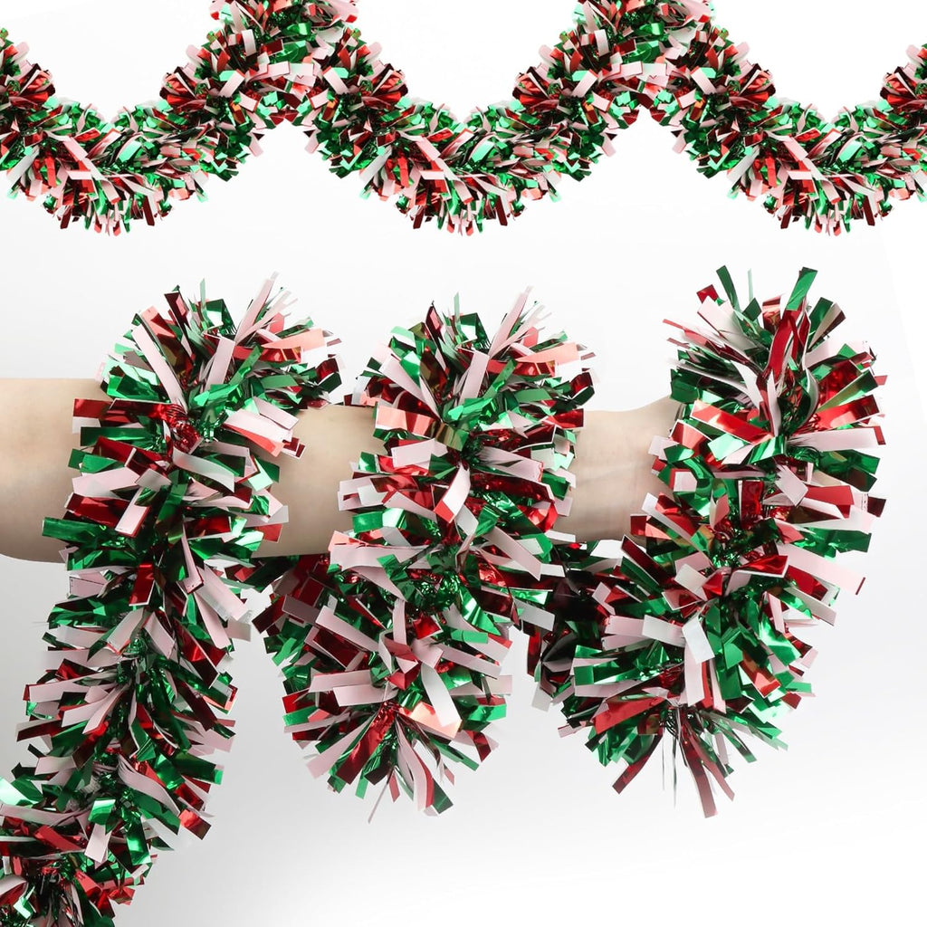 50 Feet Red Green White Christmas Tinsel Garland Metallic Twist Shiny Hanging Garland for Christmas Tree Decorations Xmas Holiday Garland for Home Indoor Outdoor Party Supplies Decor - Red Green White