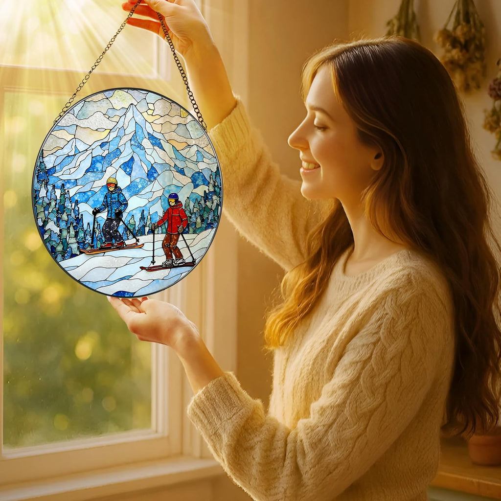 8'' Snowy Mountain Skiers Sun Catcher Ornament, Stained Glass Window Hanging, Sun Catchers for Windows Hanging Ornaments, Window Decor | Ideal Gift, Gift Exchange, Gifts for Skiers