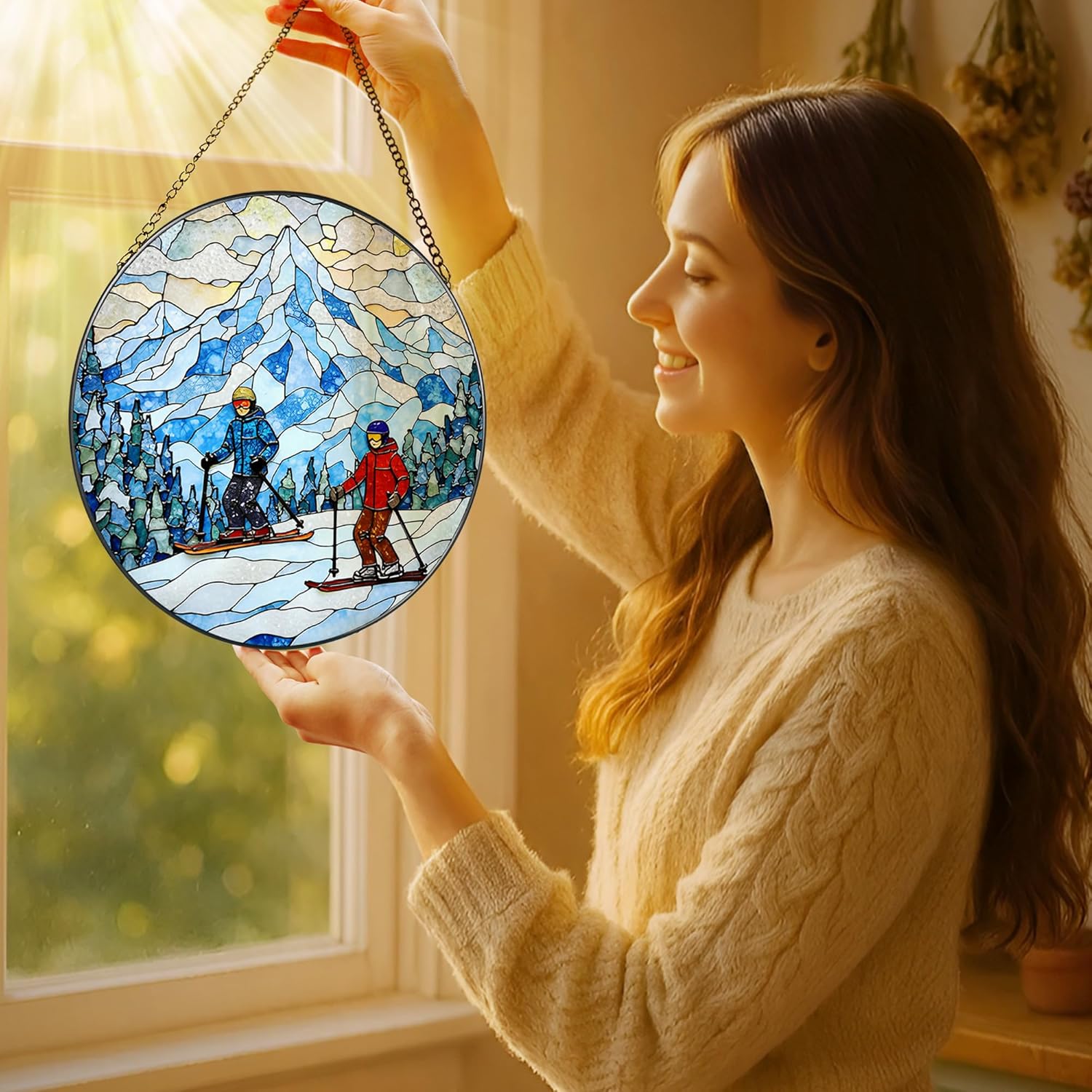 8'' Snowy Mountain Skiers Sun Catcher Ornament, Stained Glass Window Hanging, Sun Catchers for Windows Hanging Ornaments, Window Decor | Ideal Gift, Gift Exchange, Gifts for Skiers