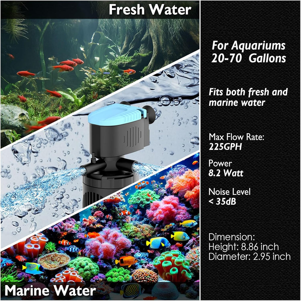 AquaMiracle Submersible Aquarium Filter 3-Stage in-Tank Filter with Dual Water Outlet & Aeration, Water Flow Adjustable 225GPH Internal Fish Tank Filter for 20-70 Gallon Aquariums