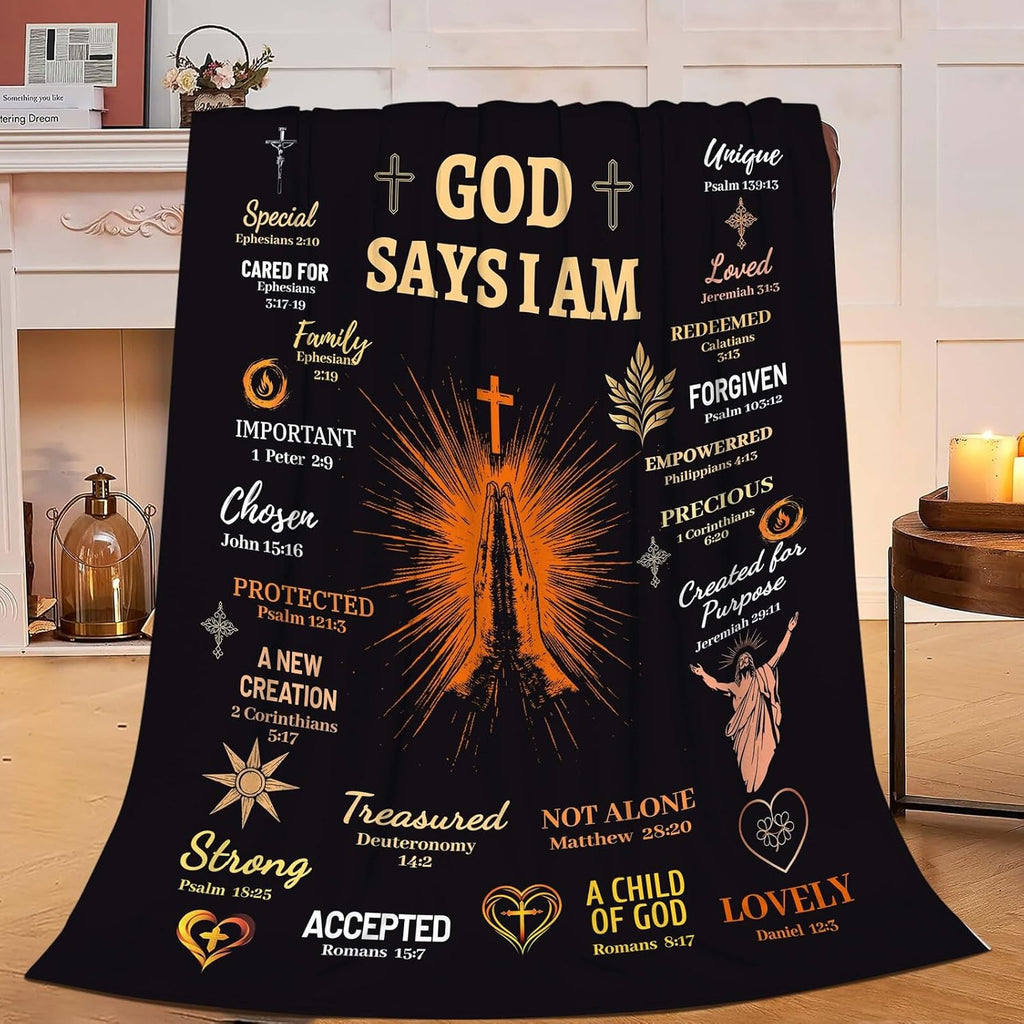 Bible Verse Blanket Spiritual Prayer Christian Faith Throw Inspirational God Says I Am Scripture Religious Gifts for Women Men Adults Girls Soft Cozy Plush Fuzzy Fleece Blanket Decor 50''X60''
