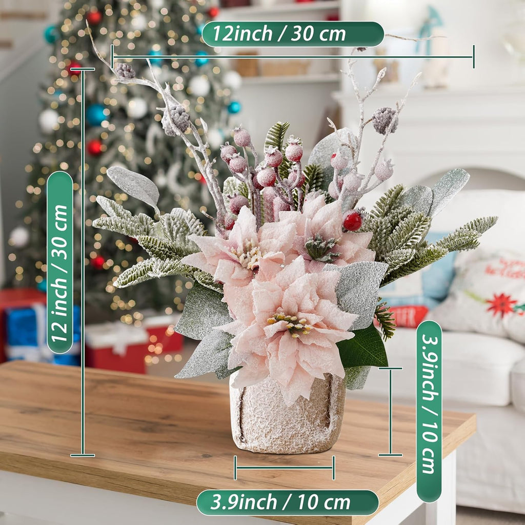 Artificial Poinsettias Christmas Flowers with Red Berry Pine Cone Branches Linen Base,12” Faux Poinsettias Plants for Home Office Table Fireplace Winter Indoor Christmas Decorations Pink