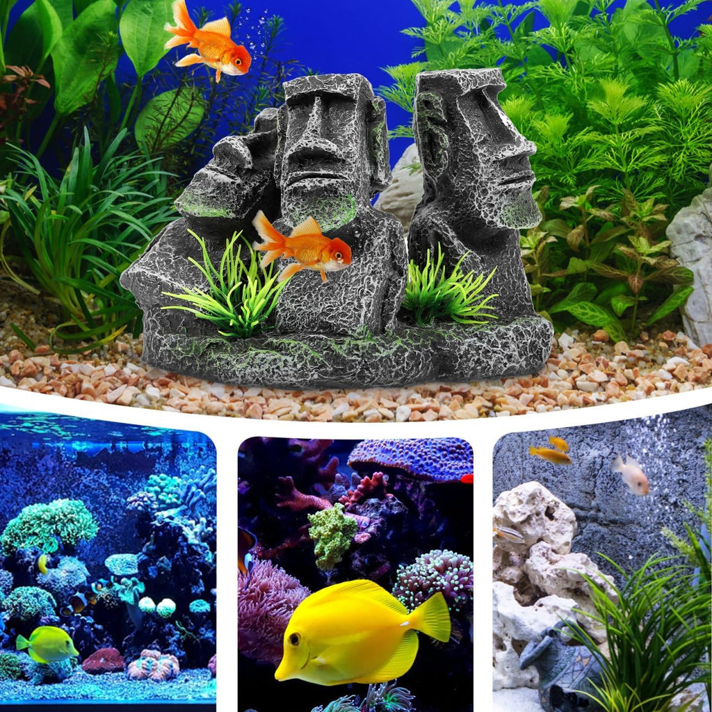 POPETPOP Moai Statues Aquarium Decorations, Betta Fish Moai Decor, Resin Easter Moai Island Figure for Fish Tank Ornament Freshwater Saltwater Tank Decor