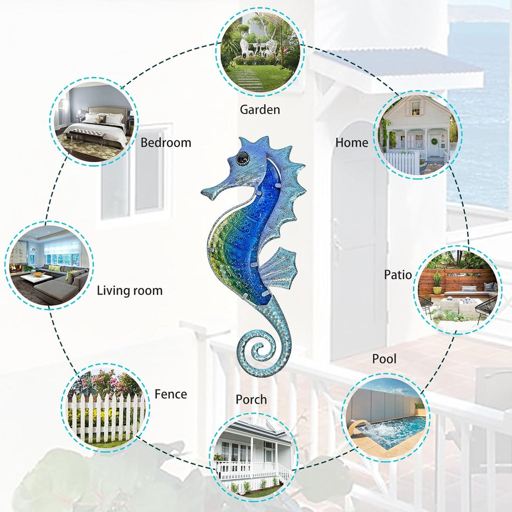 LIFFY Large Metal and Glass Seahorse Wall Decor, Sea Life Decor, Metal Fish Wall Decor, Ocean Beach Theme Wall Art for Bathroom Home Pool Gift Idea