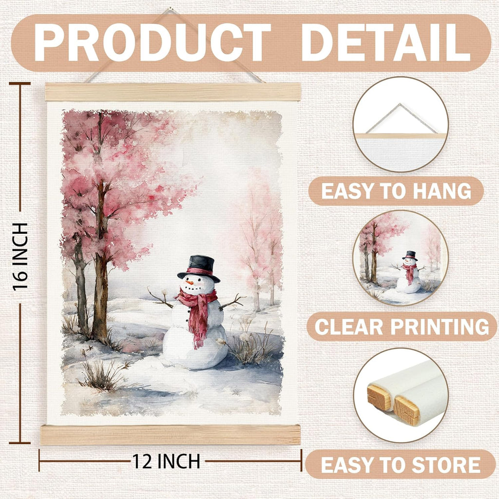 FDHSPAAM Christmas Cute Snowman Wall Art Decor, Rustic Christmas Decor, Holiday Pink Tree Snowy Forest Winter Scene Wall Art Posters for Home Bedroom Living Room, 12x16 Inch