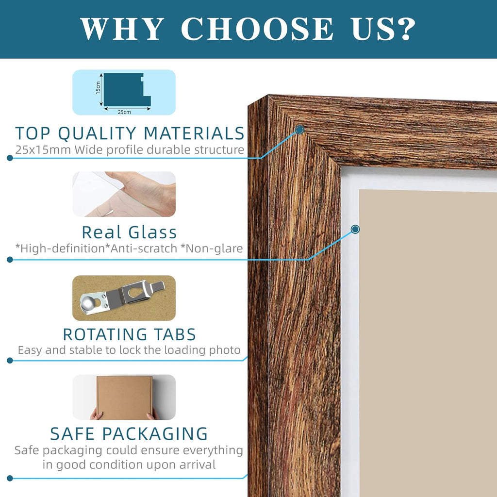 8.5 x 11 Picture Frame Set of 4, Made of Real Glass and Brown Certificate & Diploma Frame, 8.5 by 11 Photo for Wall or Tabletop - Display Picture 6x8 with Mat or 8.5x11 Without Mat