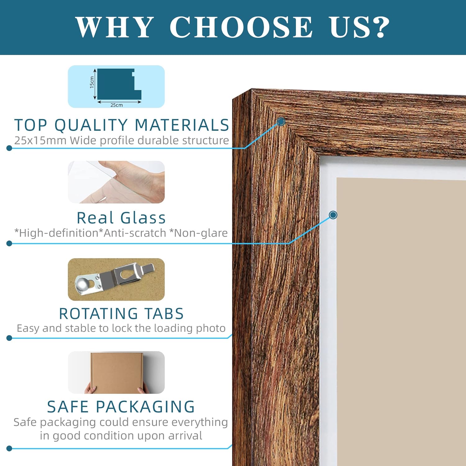 8.5 x 11 Picture Frame Set of 4, Made of Real Glass and Brown Certificate & Diploma Frame, 8.5 by 11 Photo for Wall or Tabletop - Display Picture 6x8 with Mat or 8.5x11 Without Mat