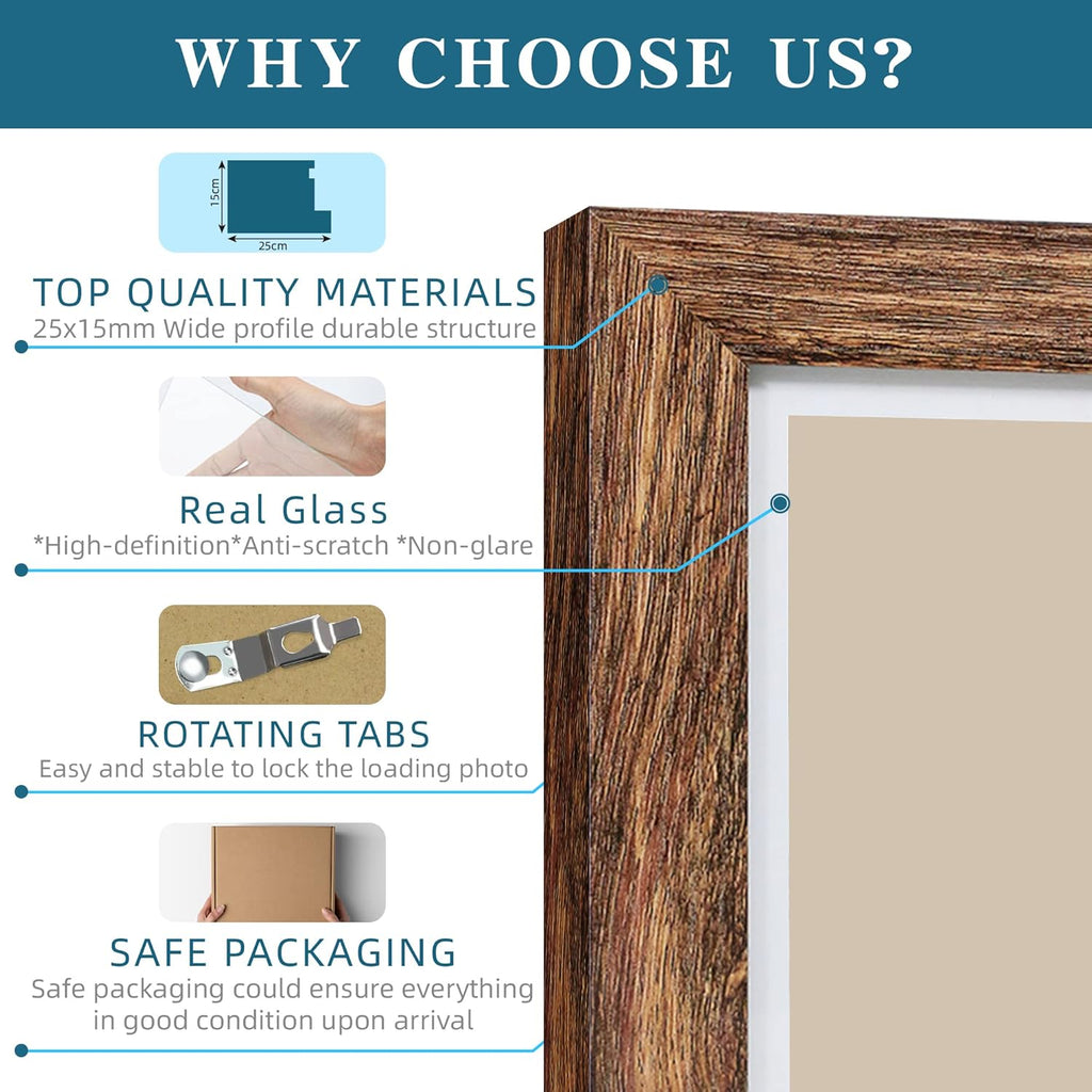 10x10 Picture Frame Set of 4, Made of Glass and Rustic Brown Wooden Frame - Display Picture 8x8 with Mat or 10 x 10 Without Mat, 10 by 10 Photo for Wall or Tabletop
